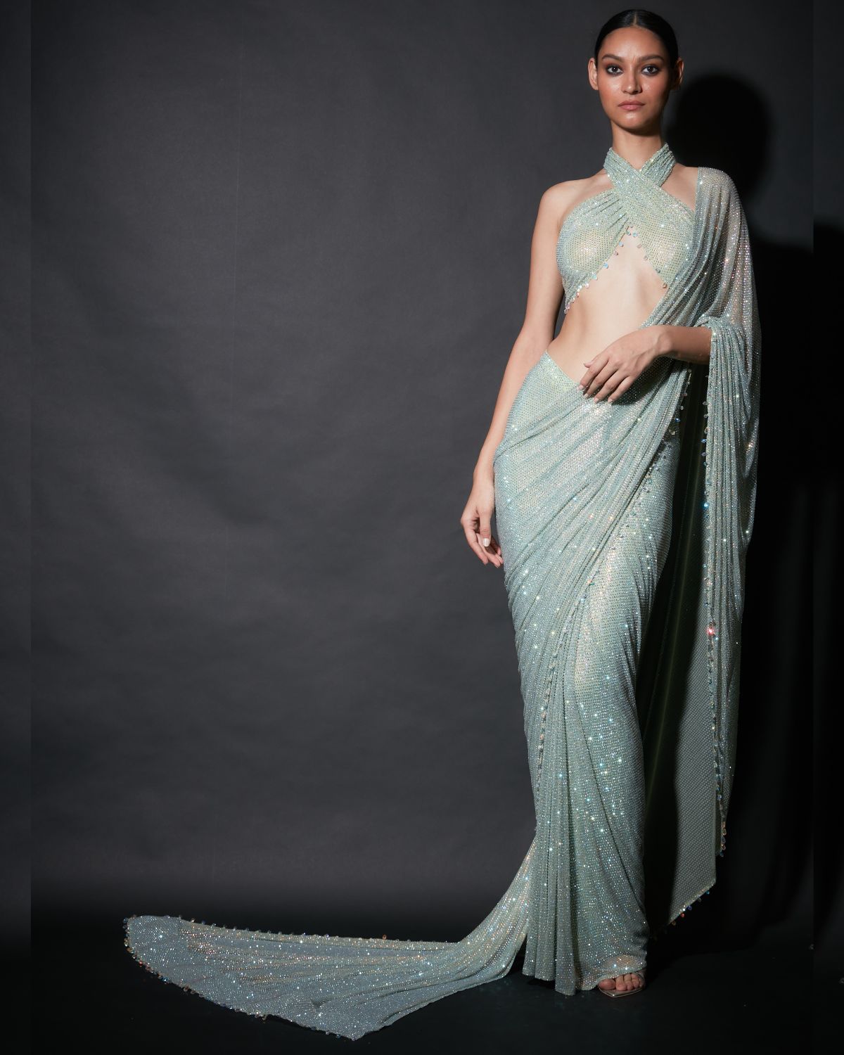 Mint Green Embellished Pre Draped Sari Set by ITRH