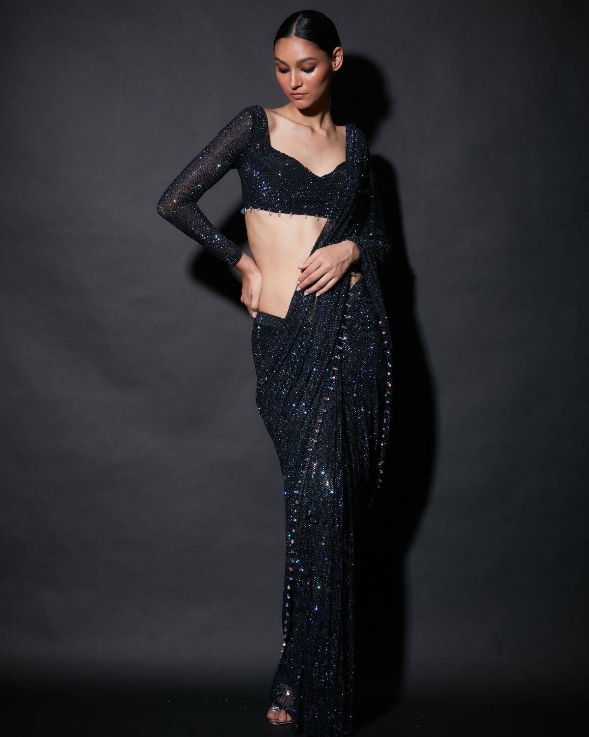 Black Crystal Embellished Sari Set | ITRH