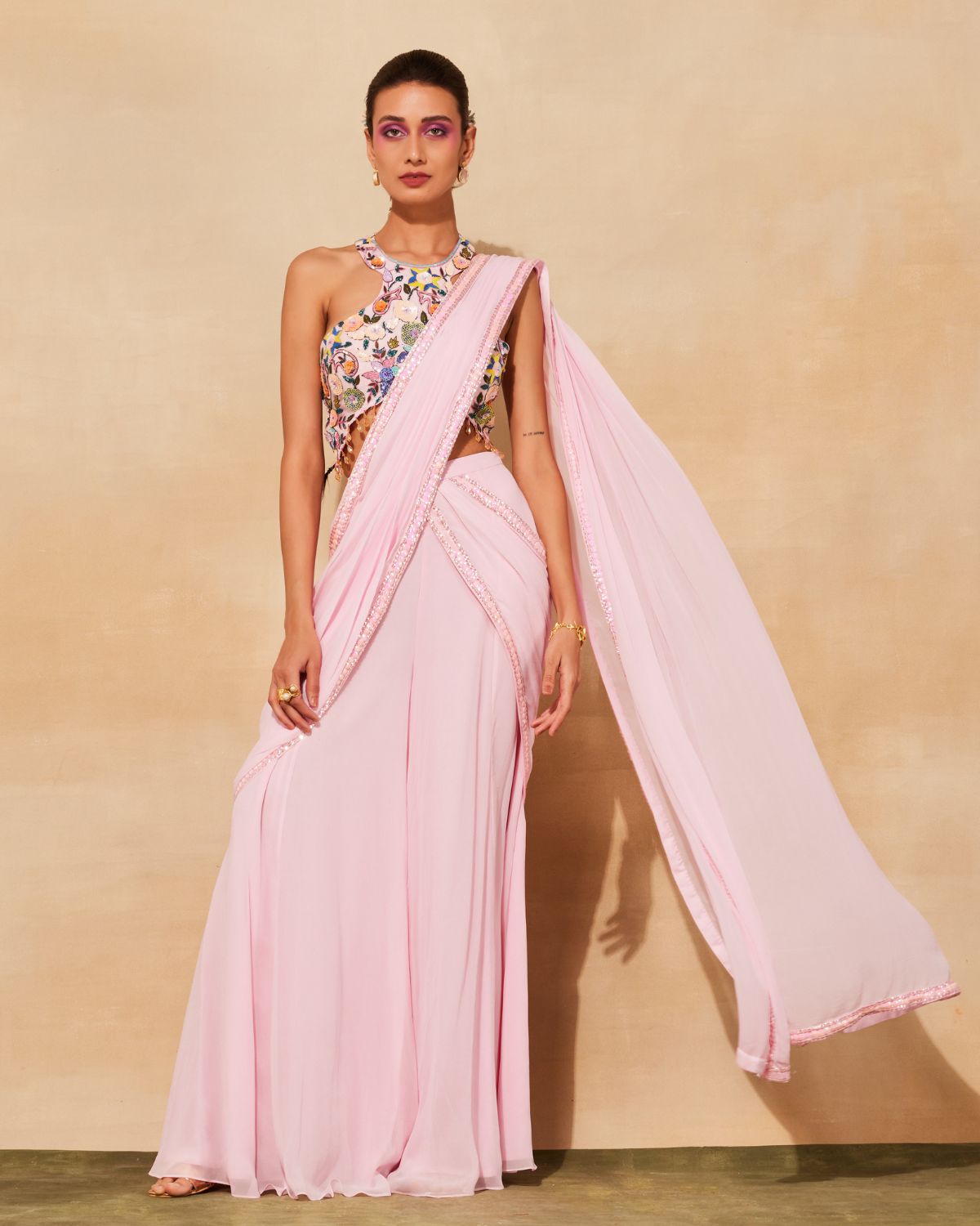 Blush Pink Georgette Sharara Pant Sari Set