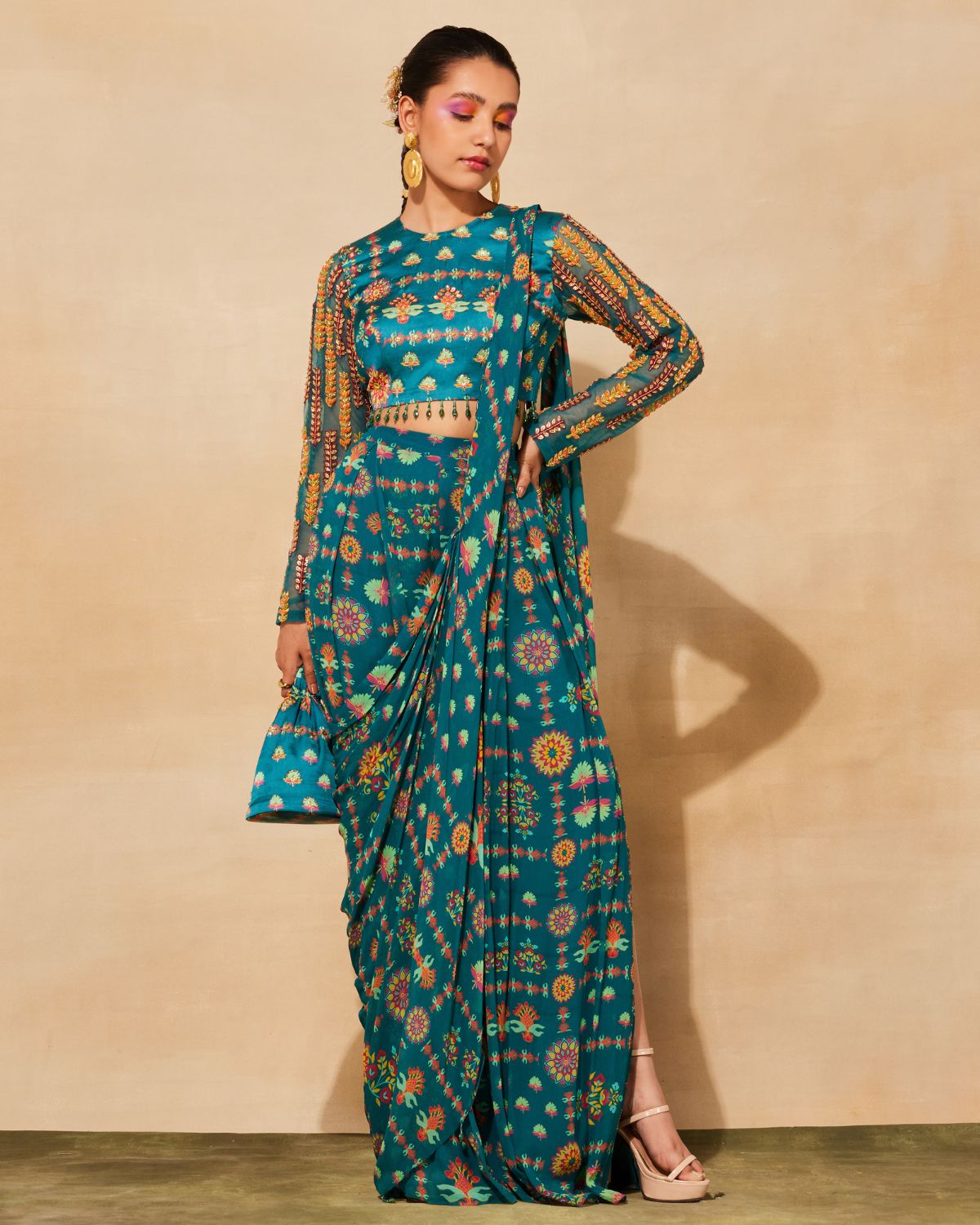 Teal Modal Printed Pant Sari Set