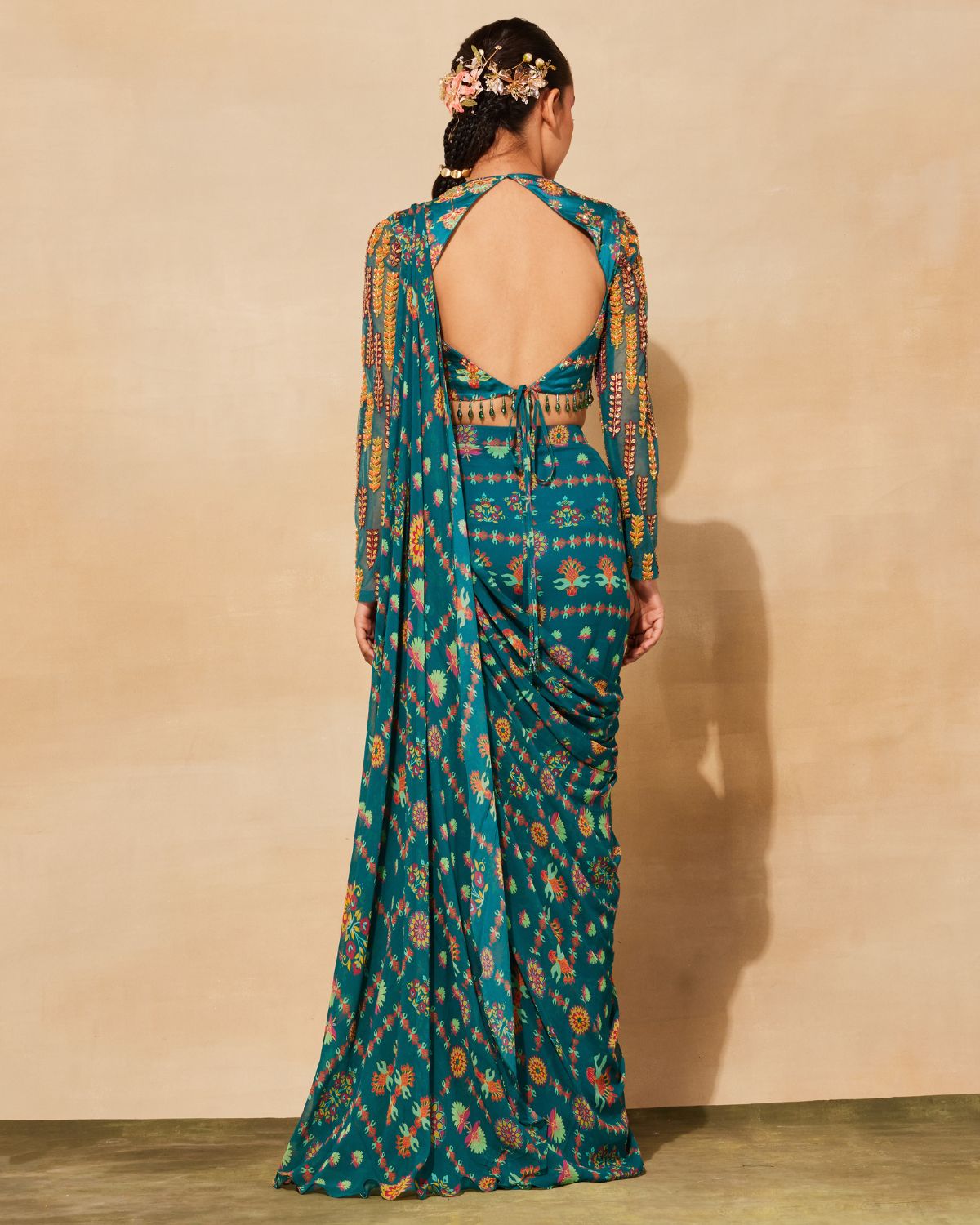 Teal Modal Printed Pant Sari Set
