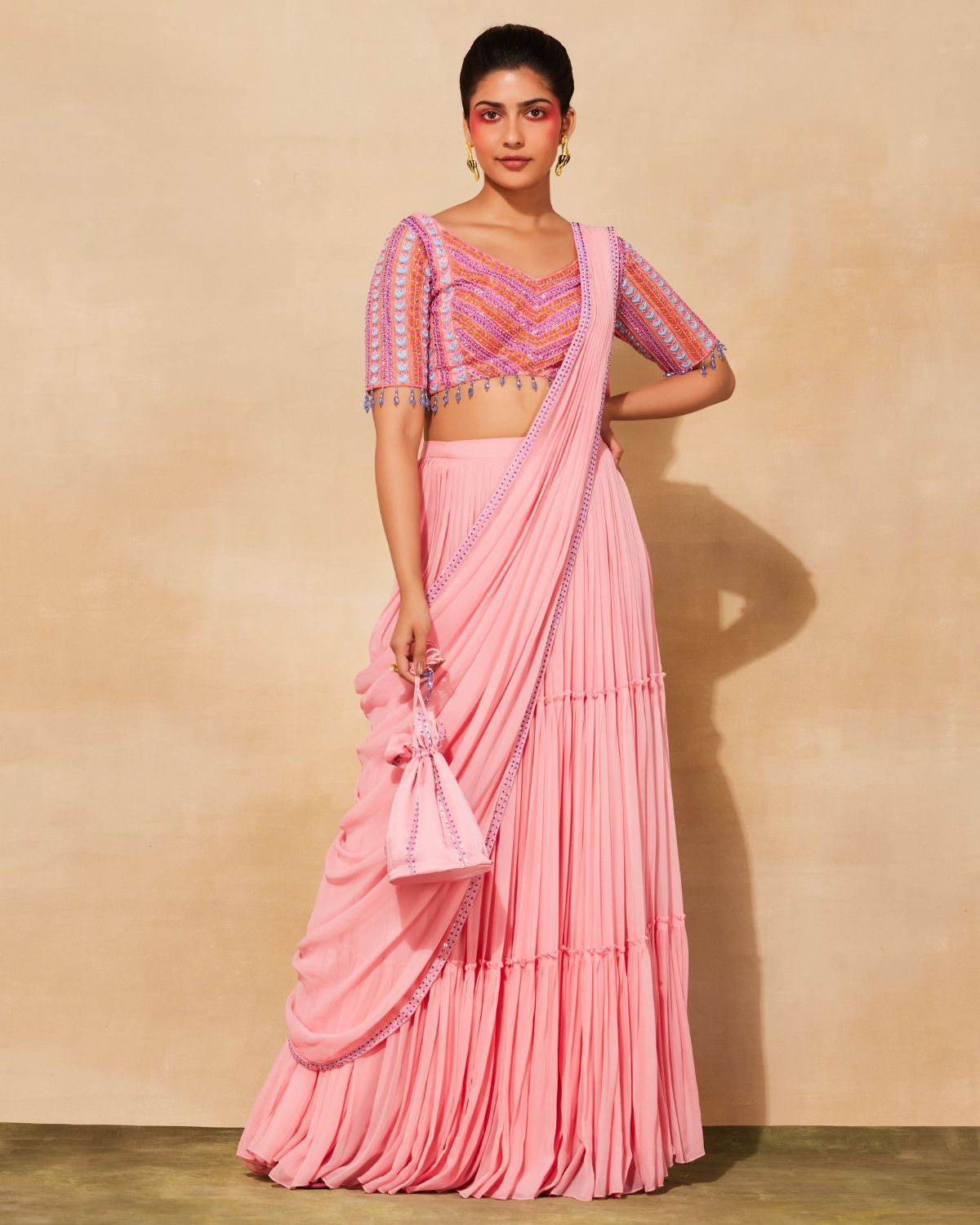 Blush Pink Tulle Tiered Skirt Sari Set | Diya Rajvvir