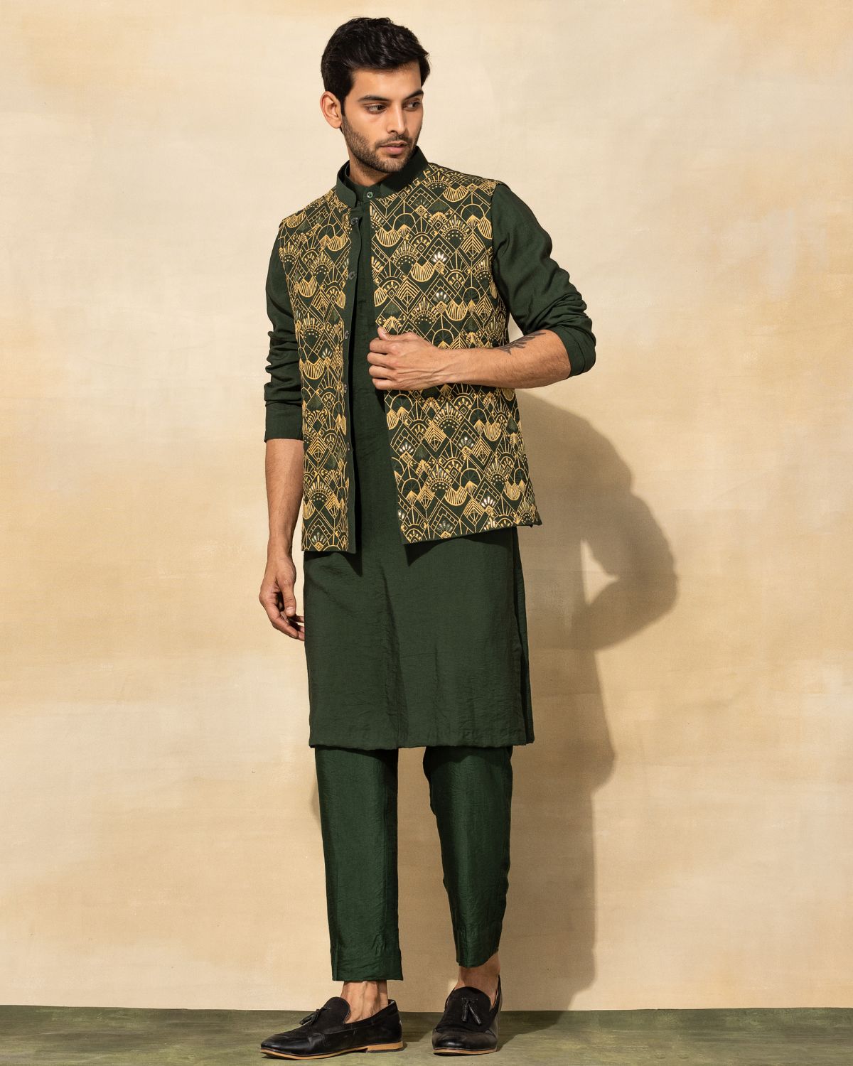 Olive Green Embroidered Kurta And Bandi Set by Diya Rajvvir