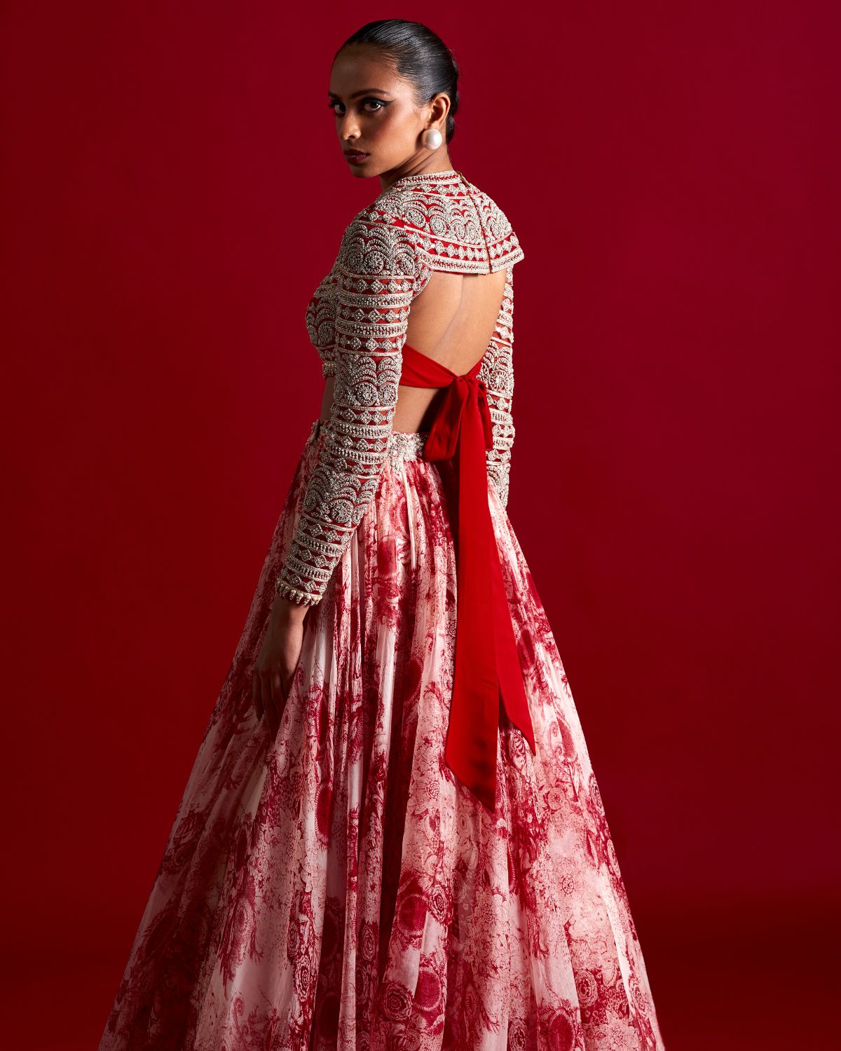 Bow Tie Embroidered Blouse And Blossom Skirt Set Bhumika Sharma