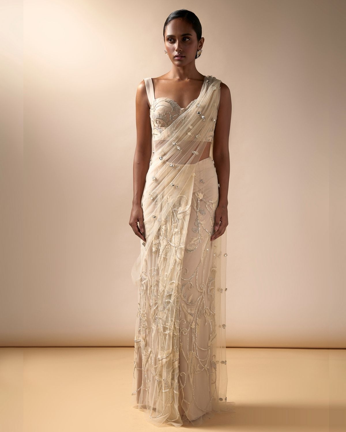 Champagne Tulle Embroidered Sari Set
