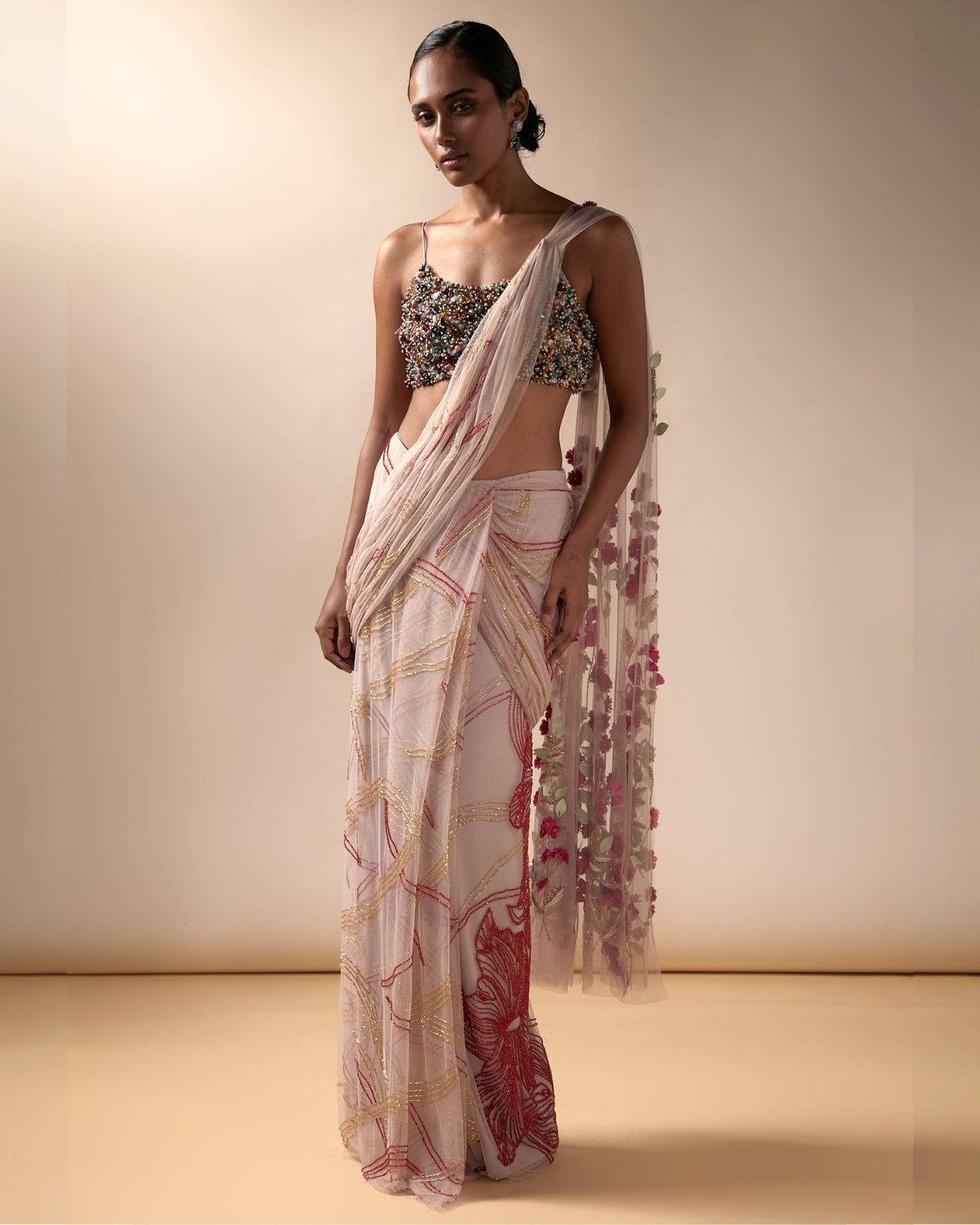 Pink Wave Sari Set by Esha Sethi Thirani