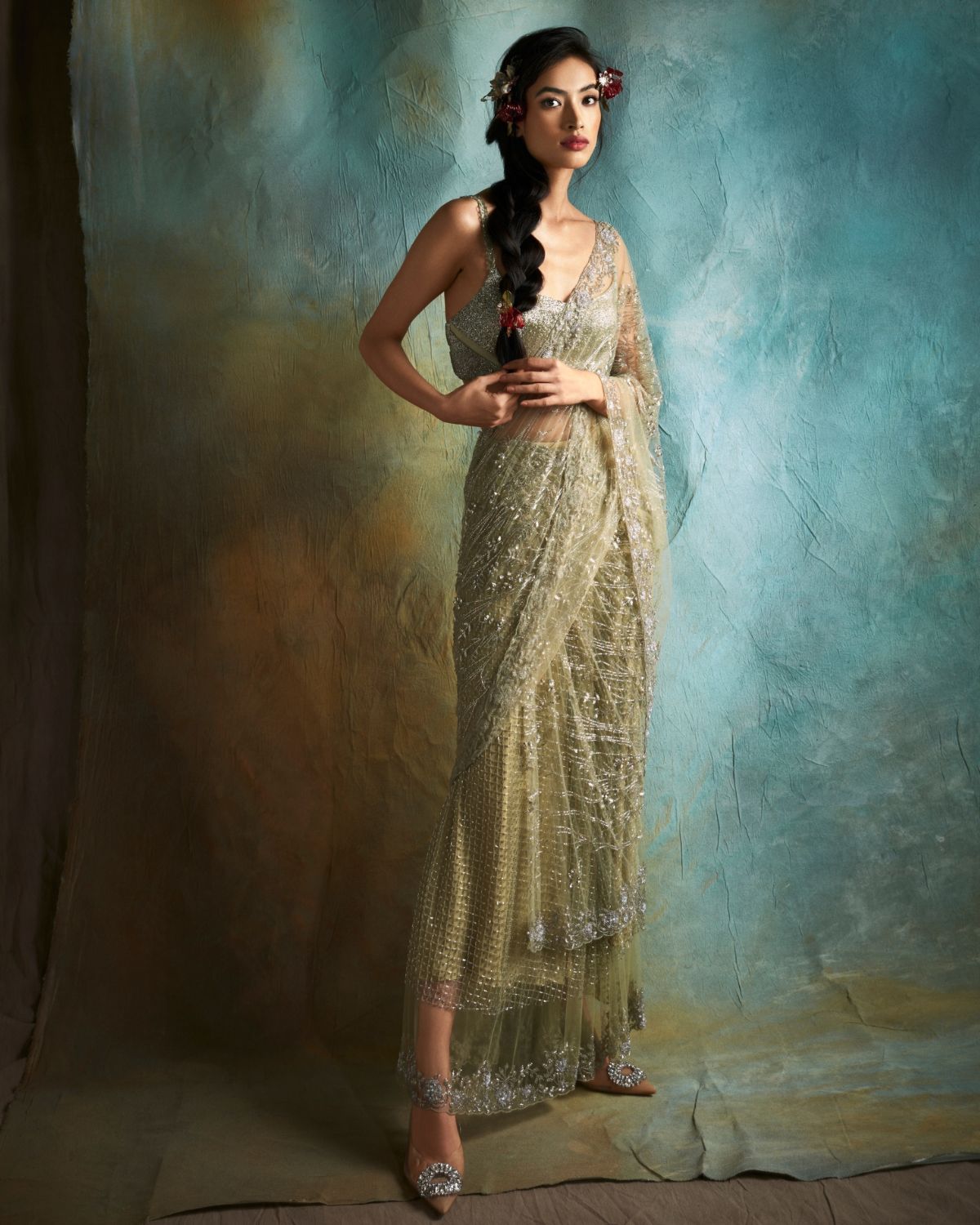 Mint Tulle Embroidered Sharara Sari Set