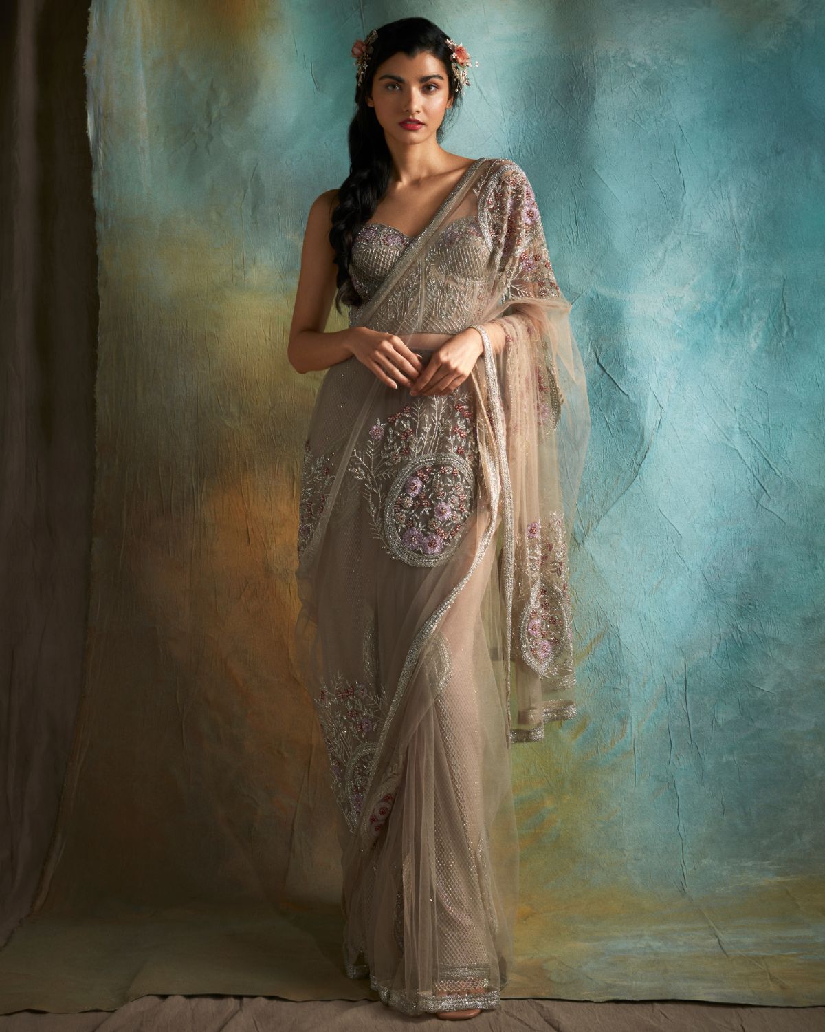 Nude Tulle Embroidered Sari Set