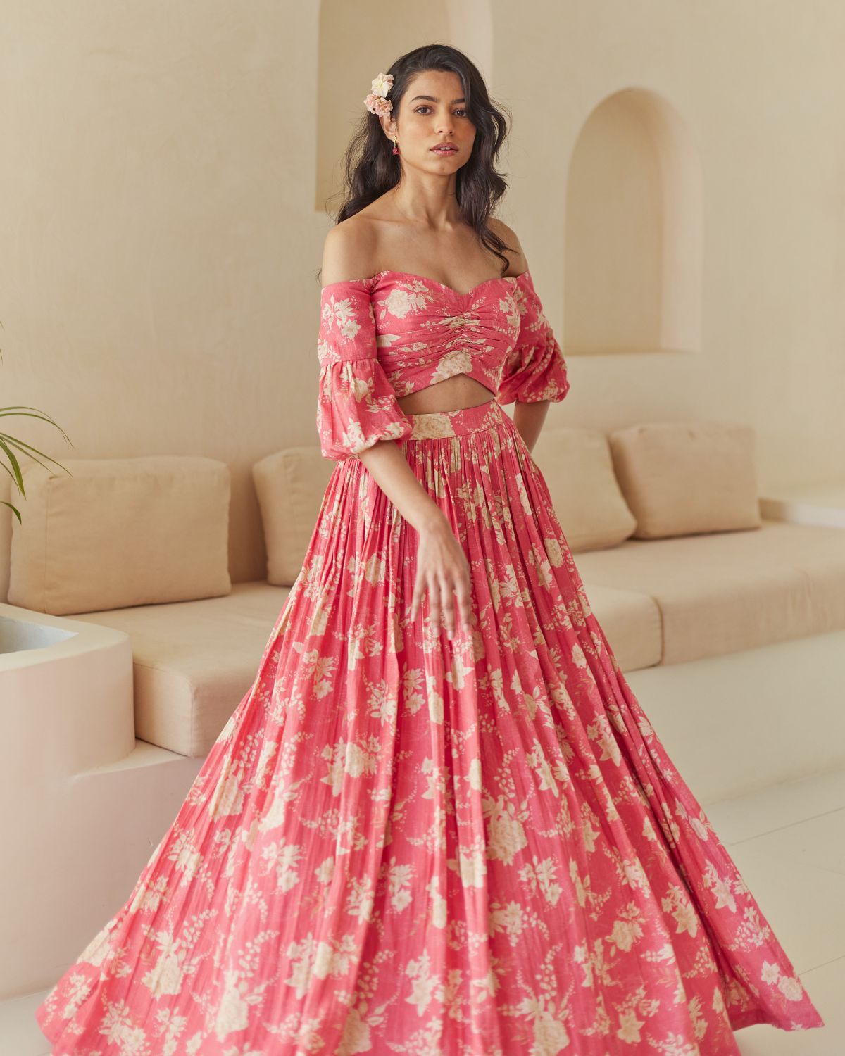 Coral Pink Off Shoulder Top And Skirt Set