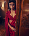 Red Flat Chiffon Pre-Draped Jacket Sari Set by Ridhima Bhasin