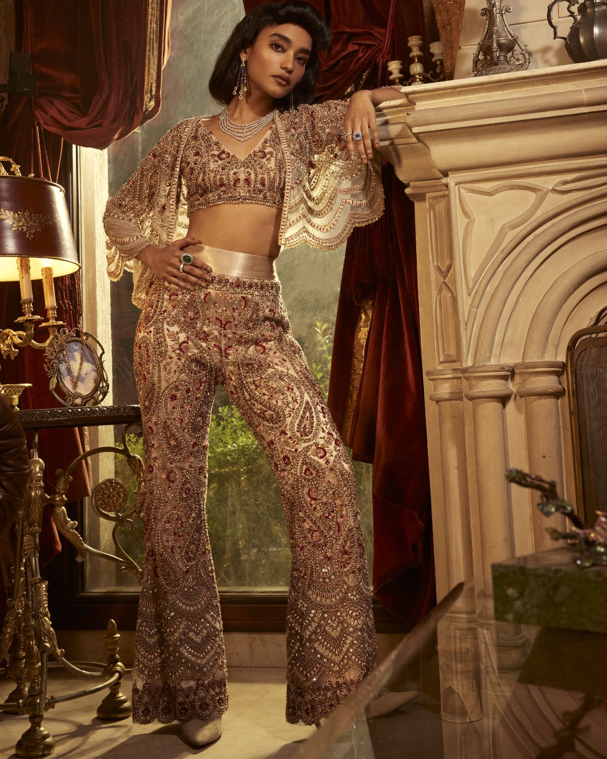 Beige Net Embroidered Pant Set by Ridhima Bhasin