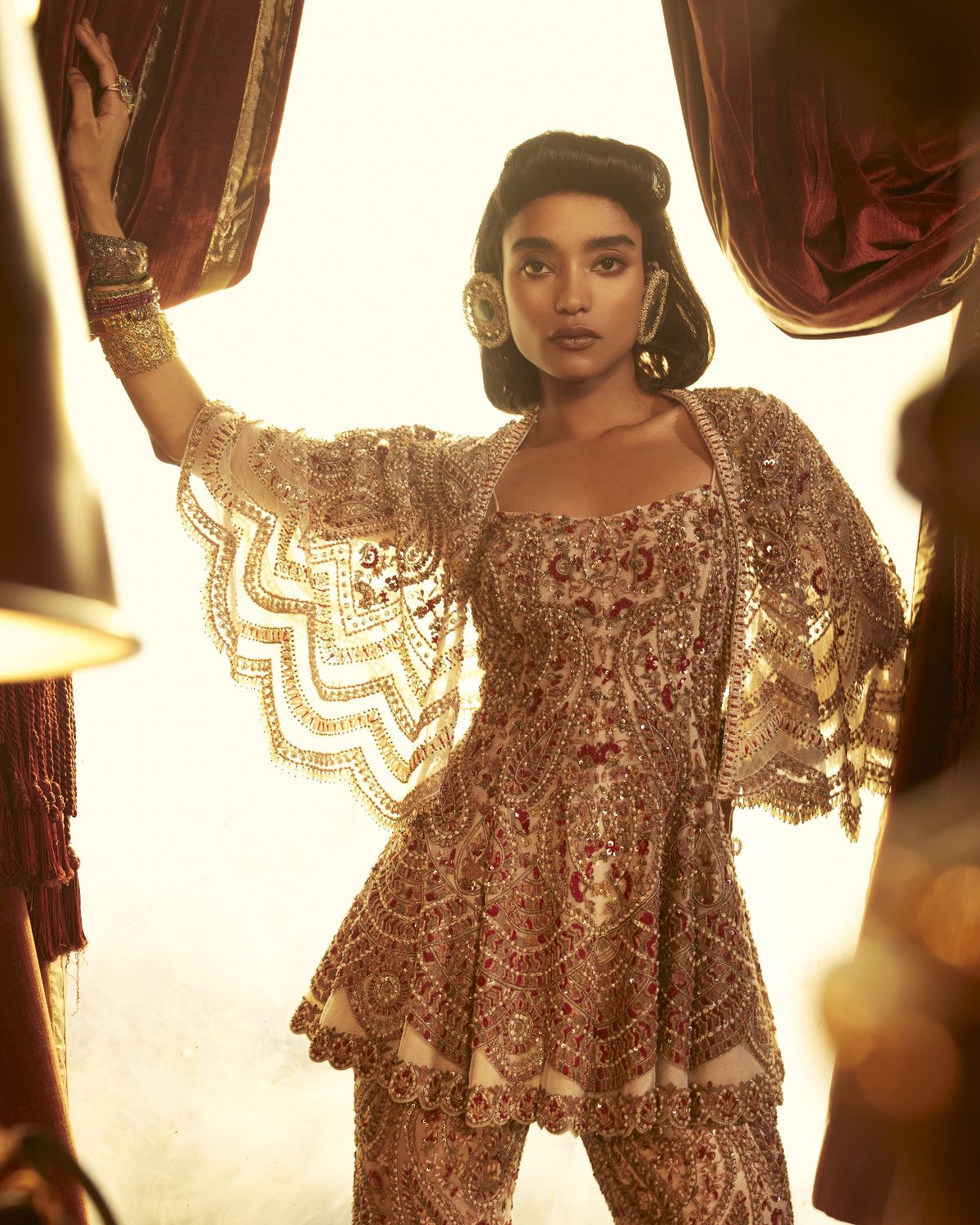 Beige Tulle Embroidered Cape Set by Ridhima Bhasin