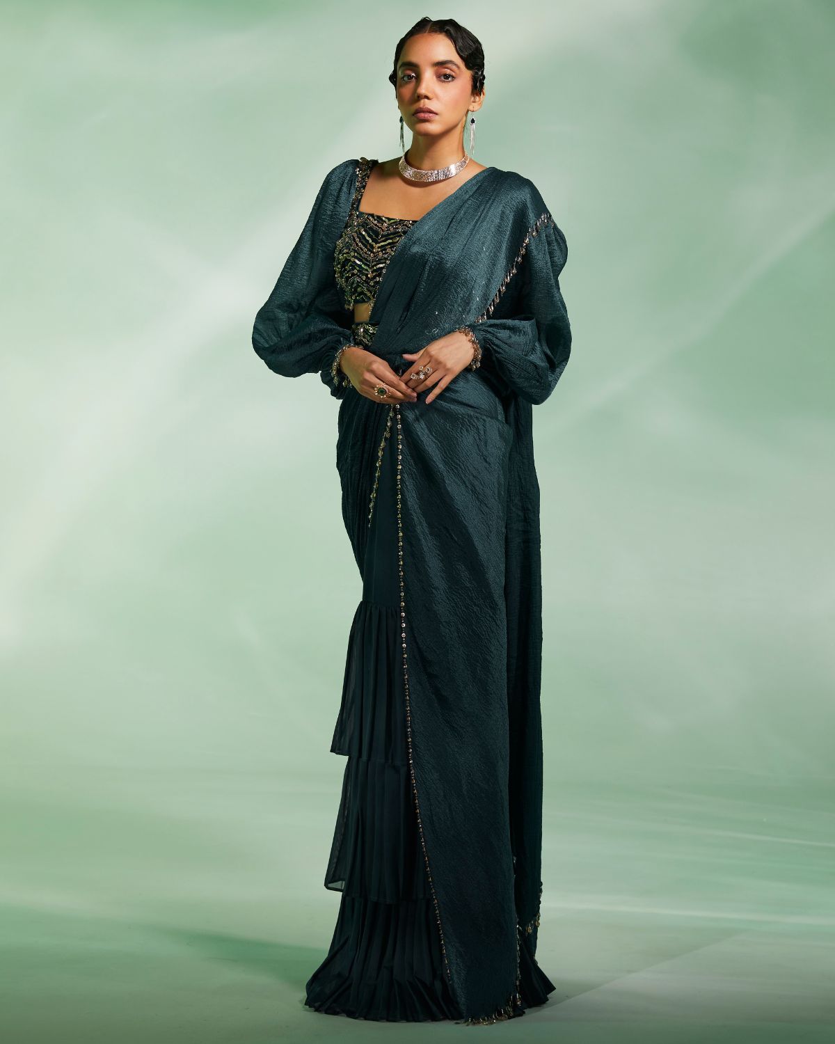 Dark Green Organza Pre-Draped Sari Set by Divya Aggarwal