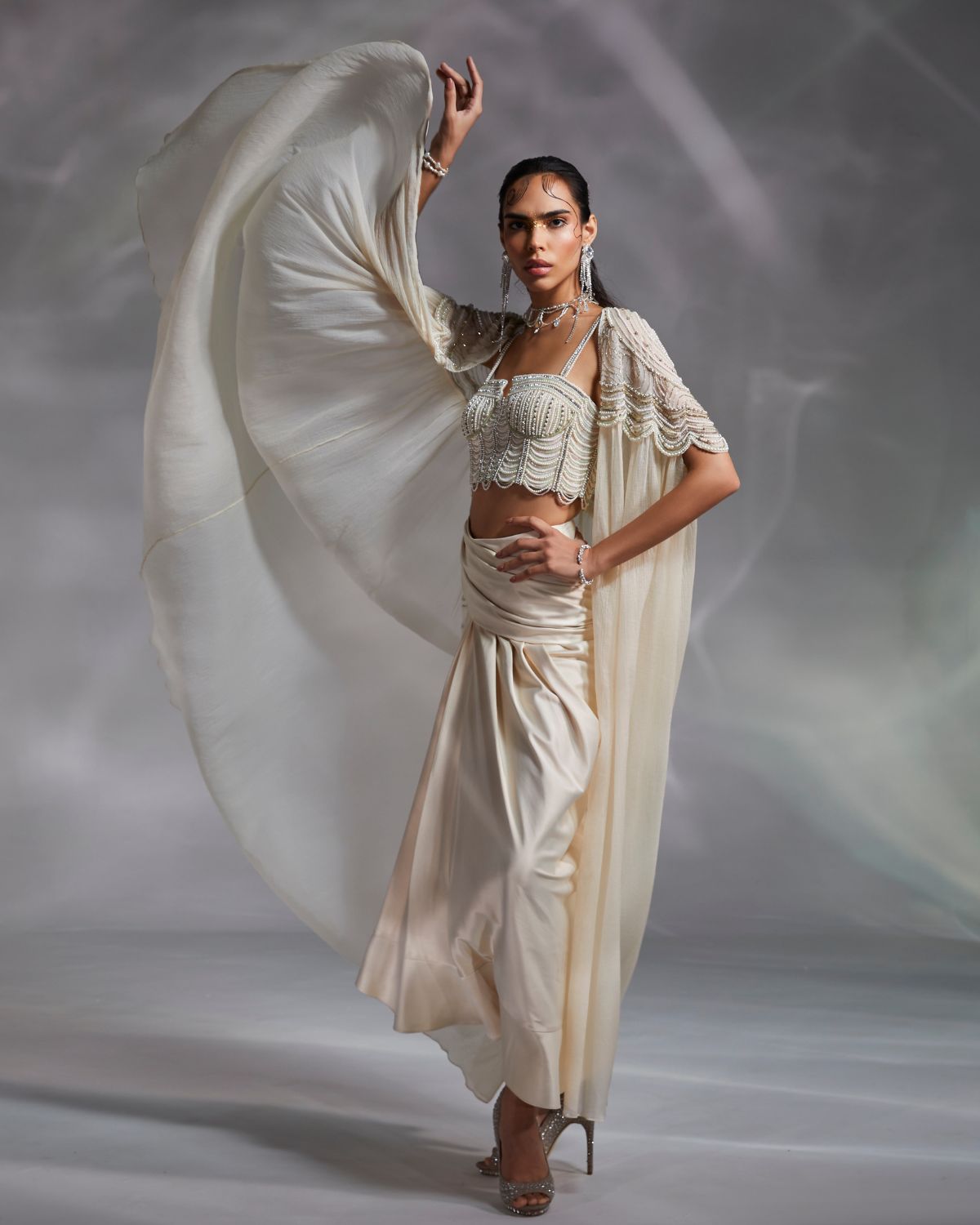 Off White Drape Skirt Set by Divya Aggarwal