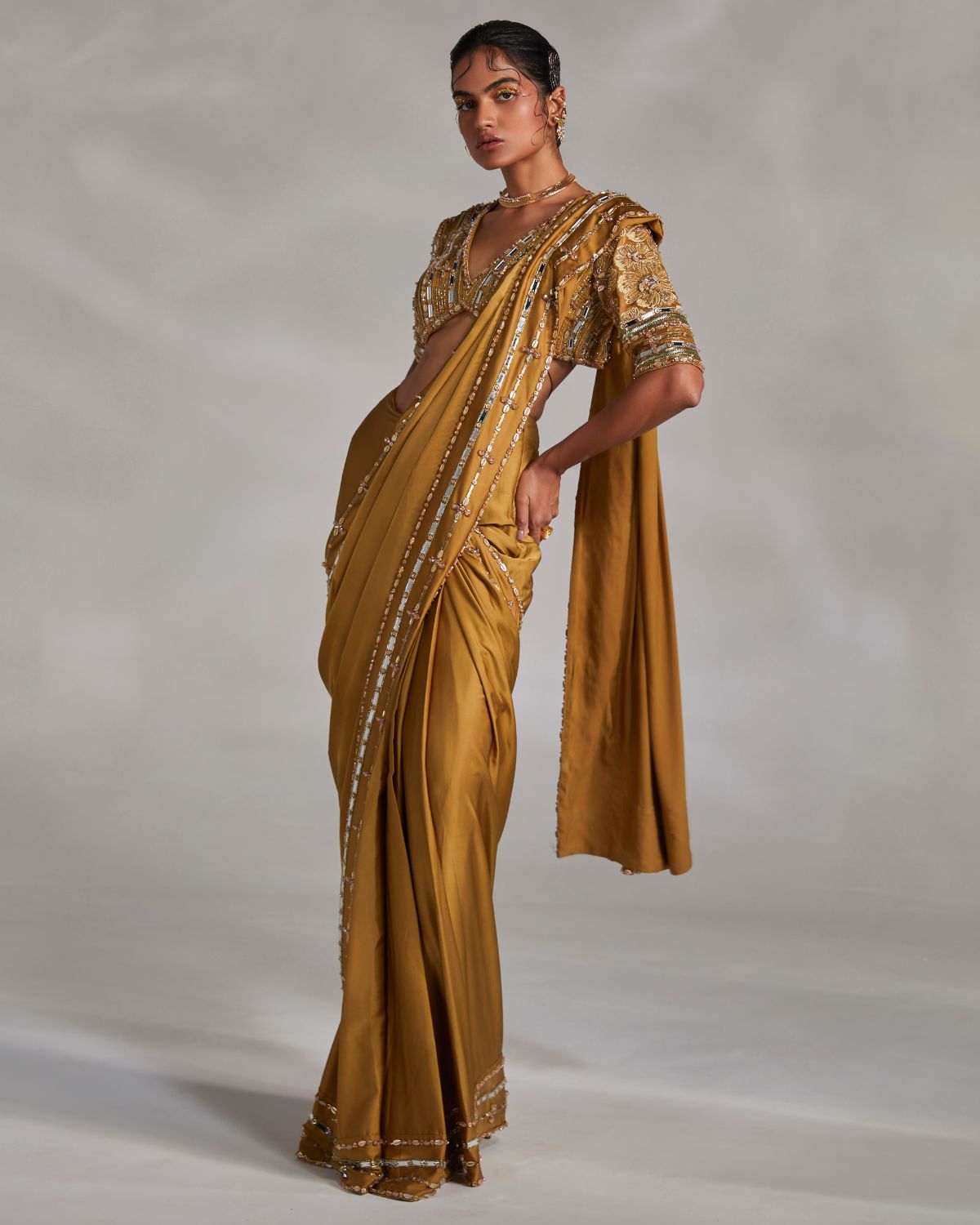 Yellow Pre-draped Sari With Embellished Blouse by Divya Aggarwal