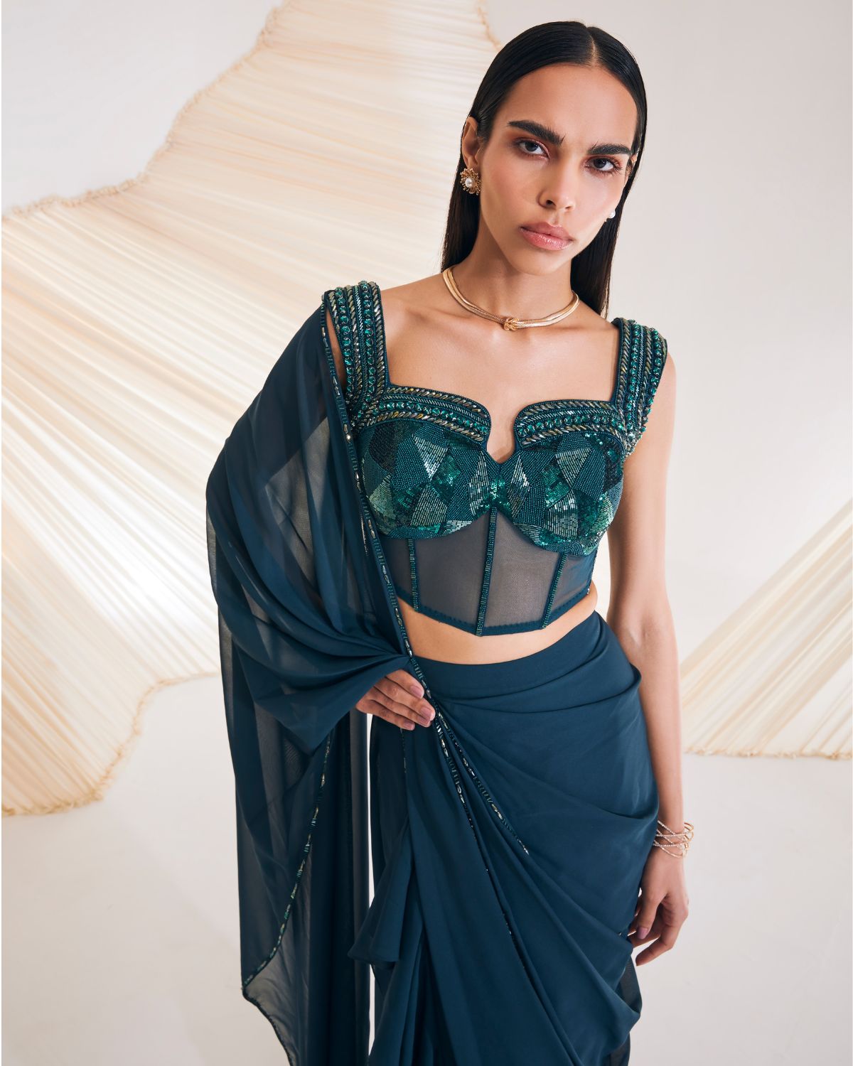 Evergreen Hertha Pre-Draped Sari Set
