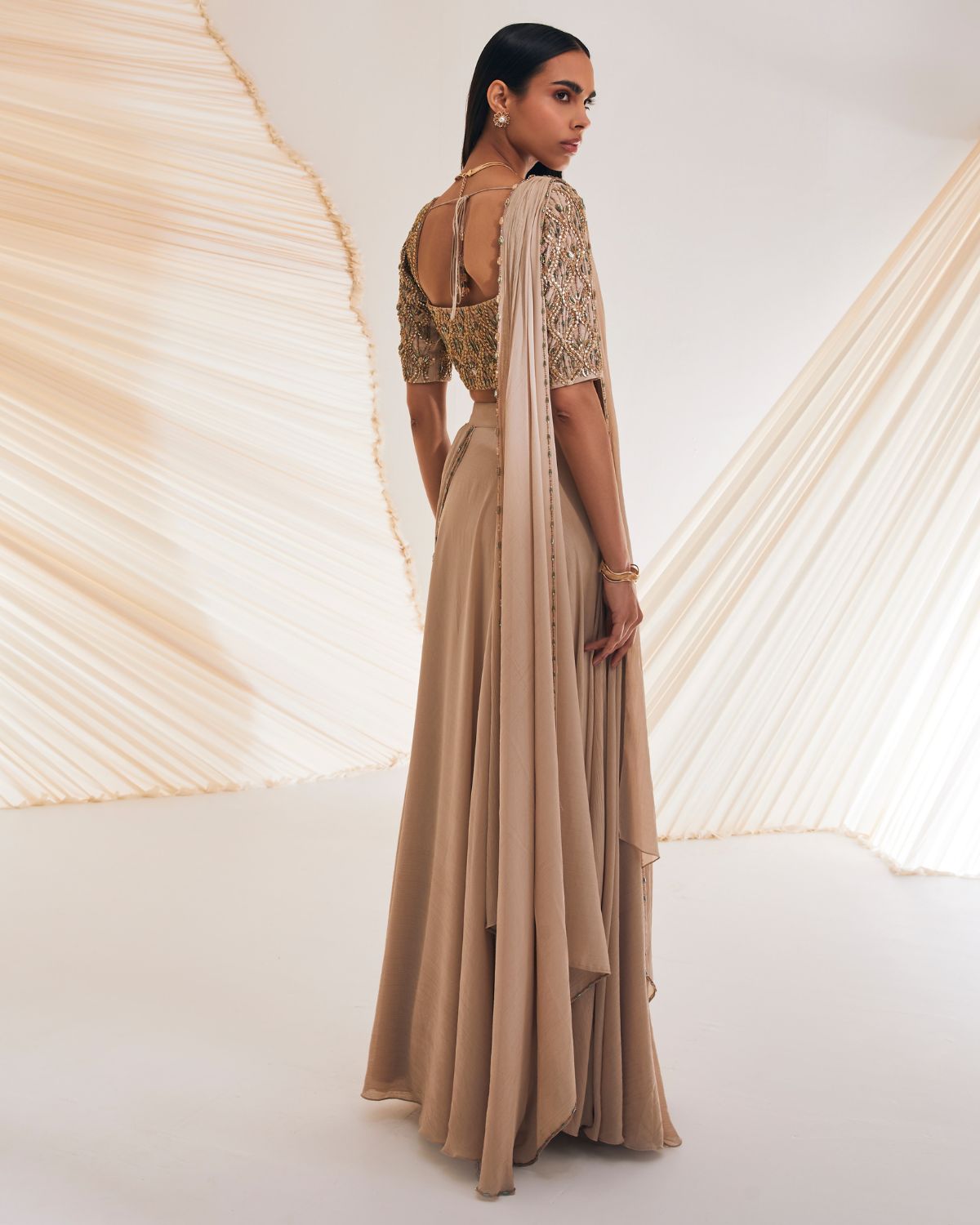 Beige Taylen Pre-Draped Sari Set