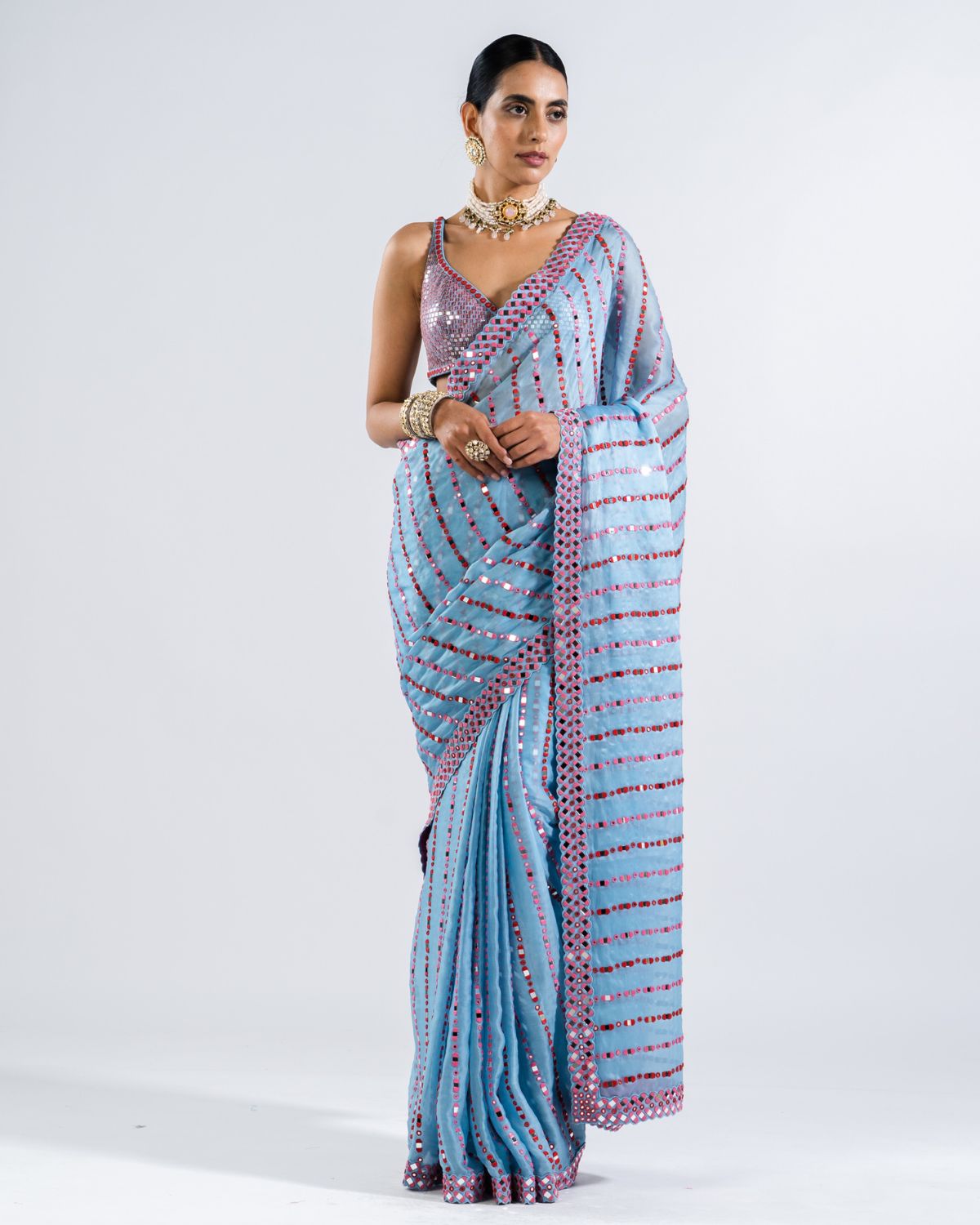 Ice Blue Mirror Sari With Metallic Blouse