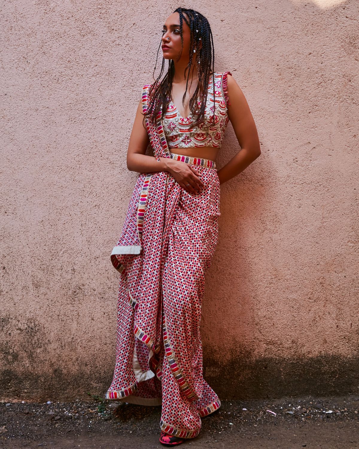 Ivory Geometric Pre Stitched Sari Set