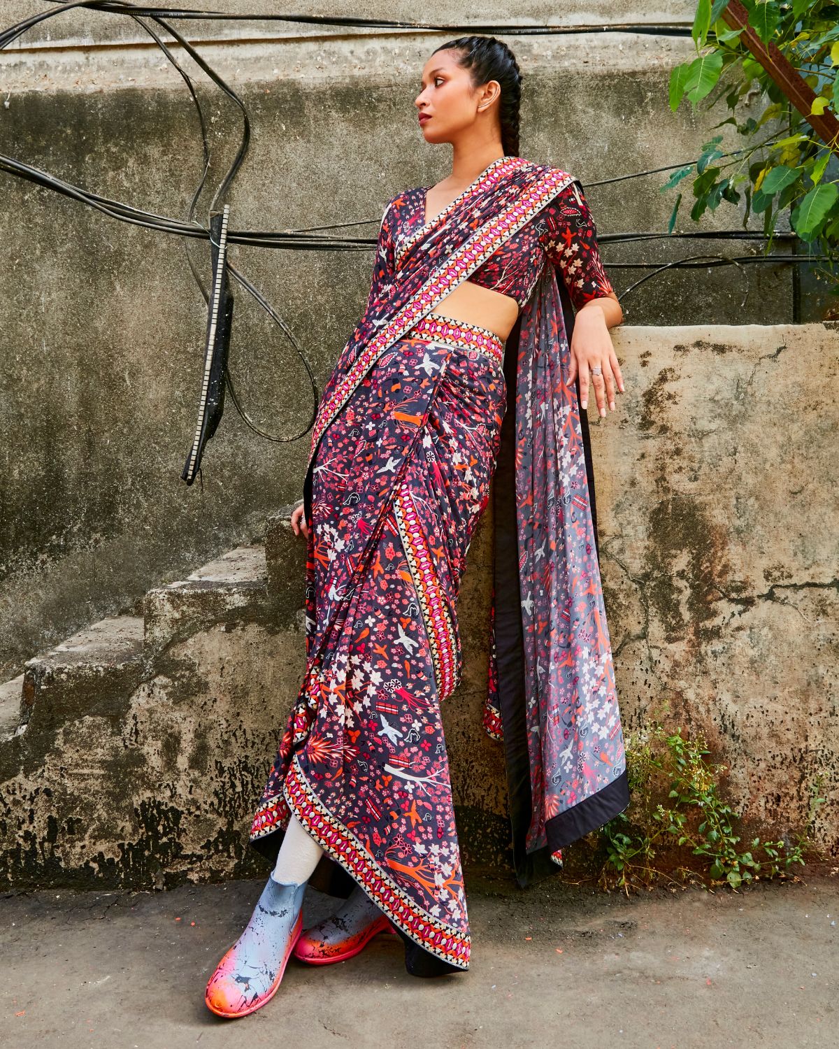 Jungle Print Pre Stitched Sari Set by SVA