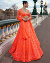Orange Tulle Neon Abstract Pattern Embroidered Lehenga Set by Seema Gujral