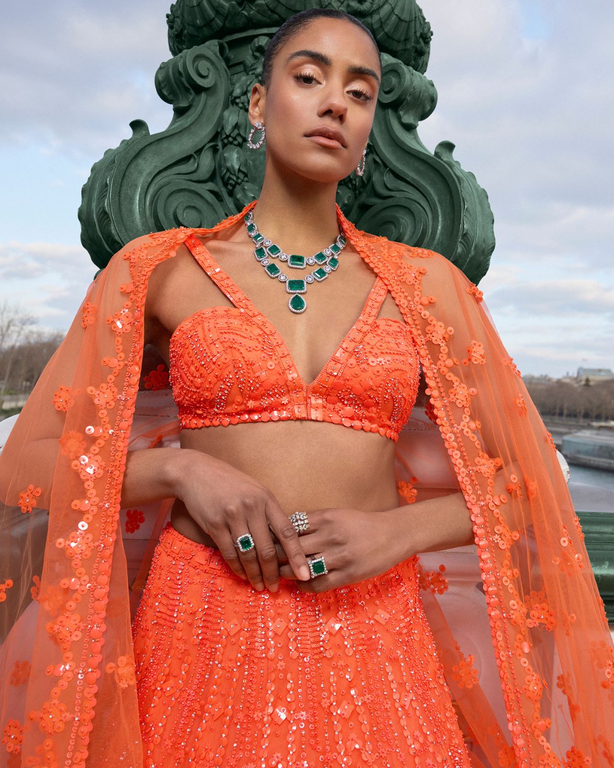 Orange Tulle Neon Abstract Pattern Embroidered Lehenga Set by Seema Gujral
