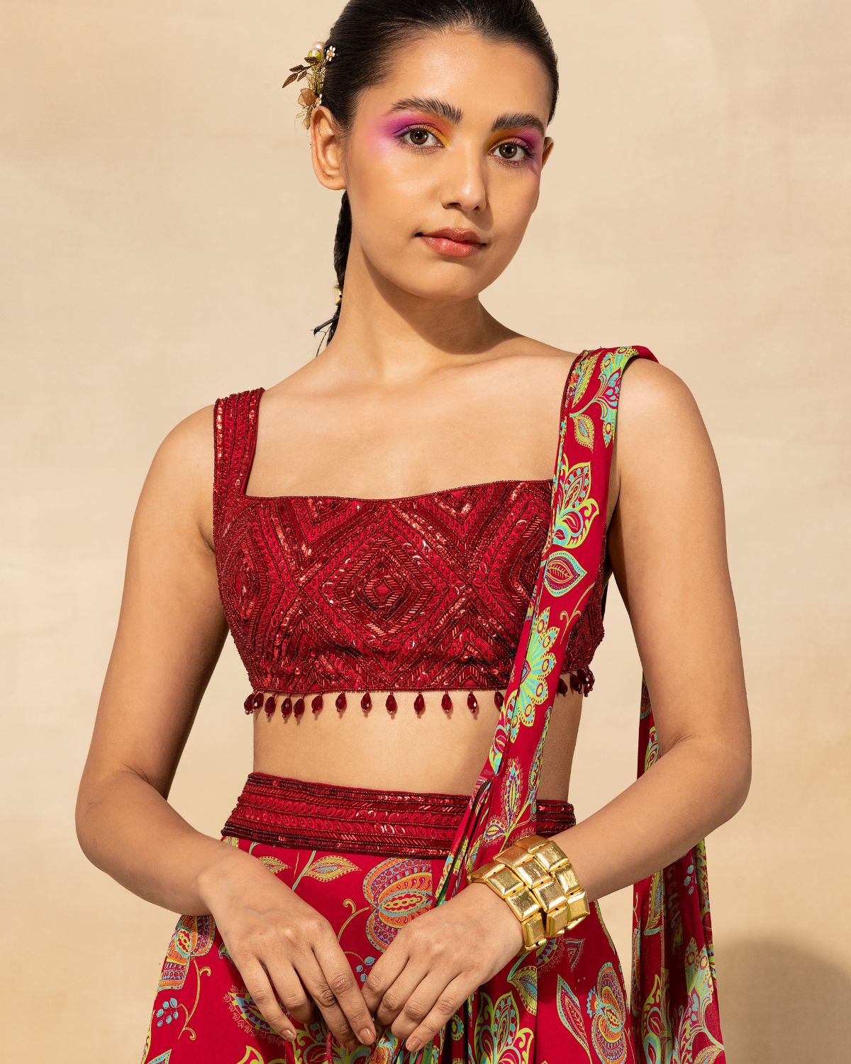 Crimson Georgette Printed Sharara Sari Set