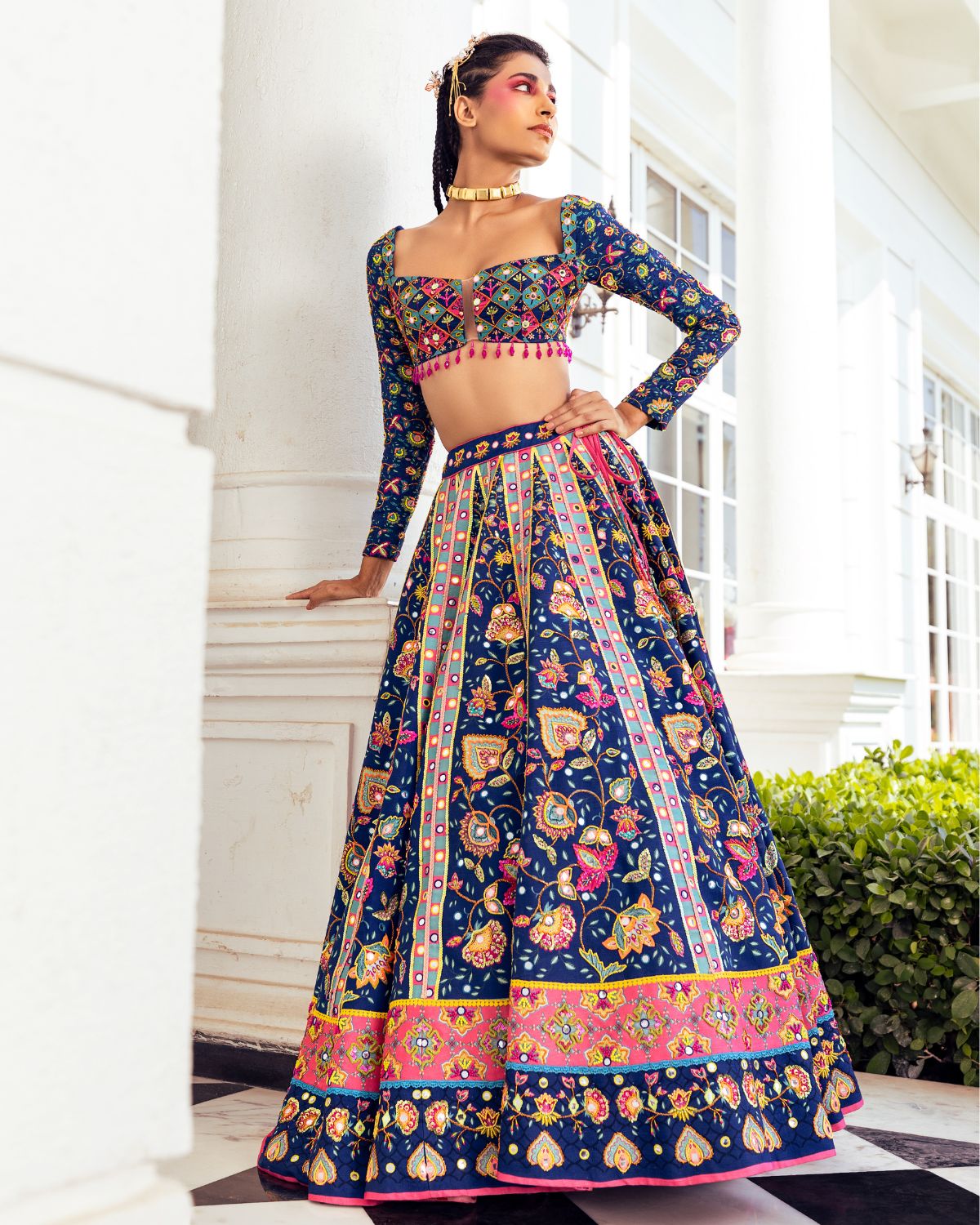 Dark Blue Printed & Embroidered Lehenga Set