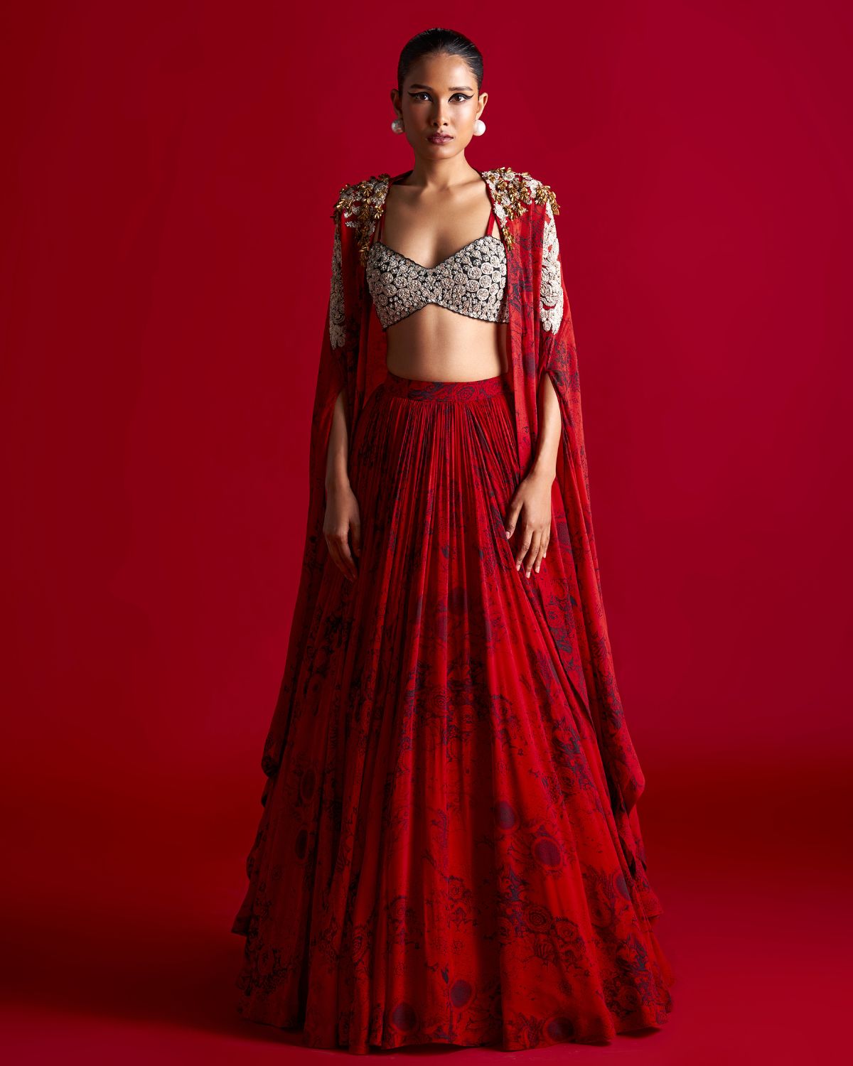  Red Black Blossom Cape And Skirt Set | Bhumika Sharma