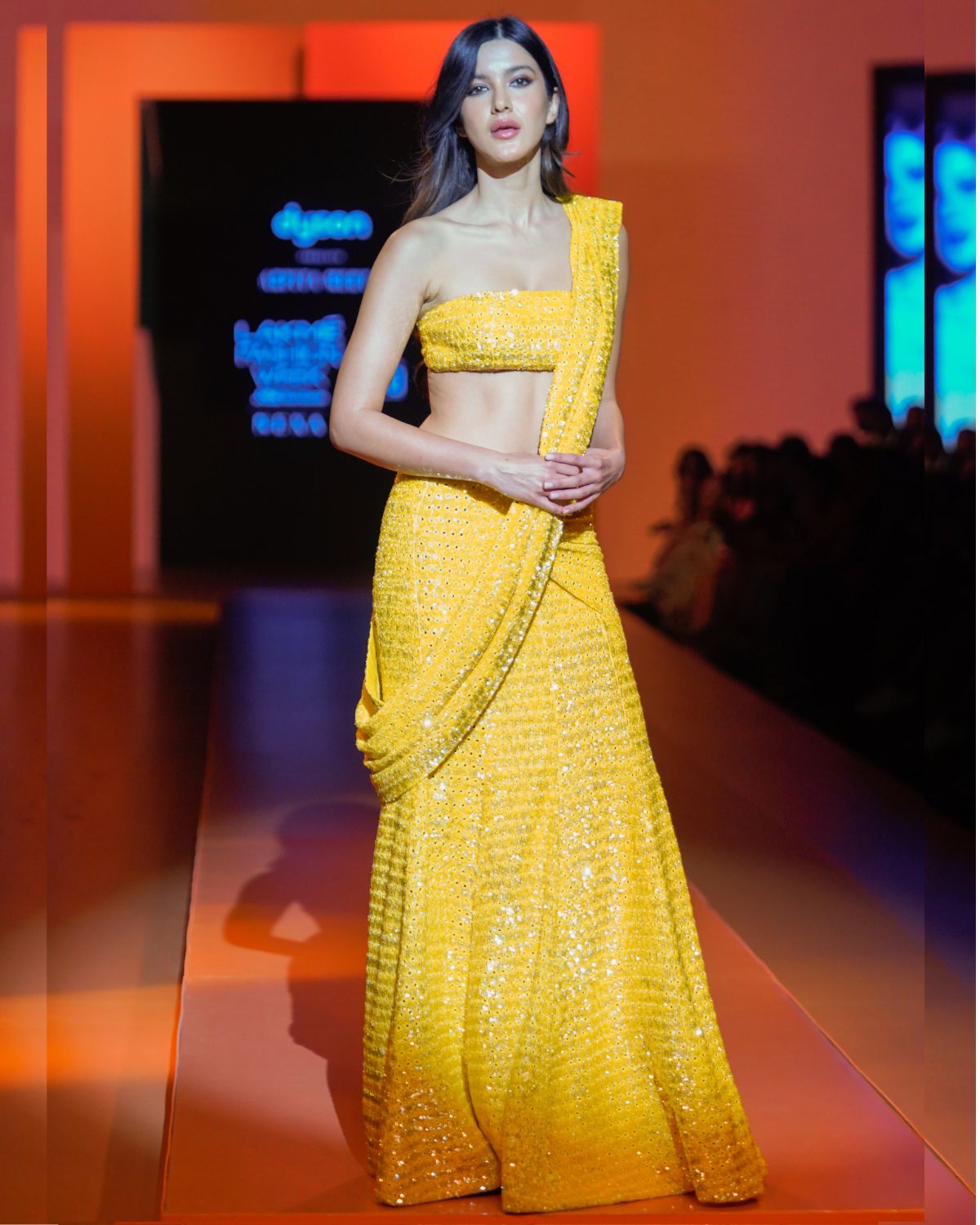Acid Yellow Embellished Sari Set