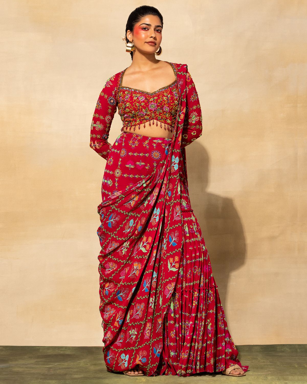 Crimson Georgette Printed Gharara Sari Set