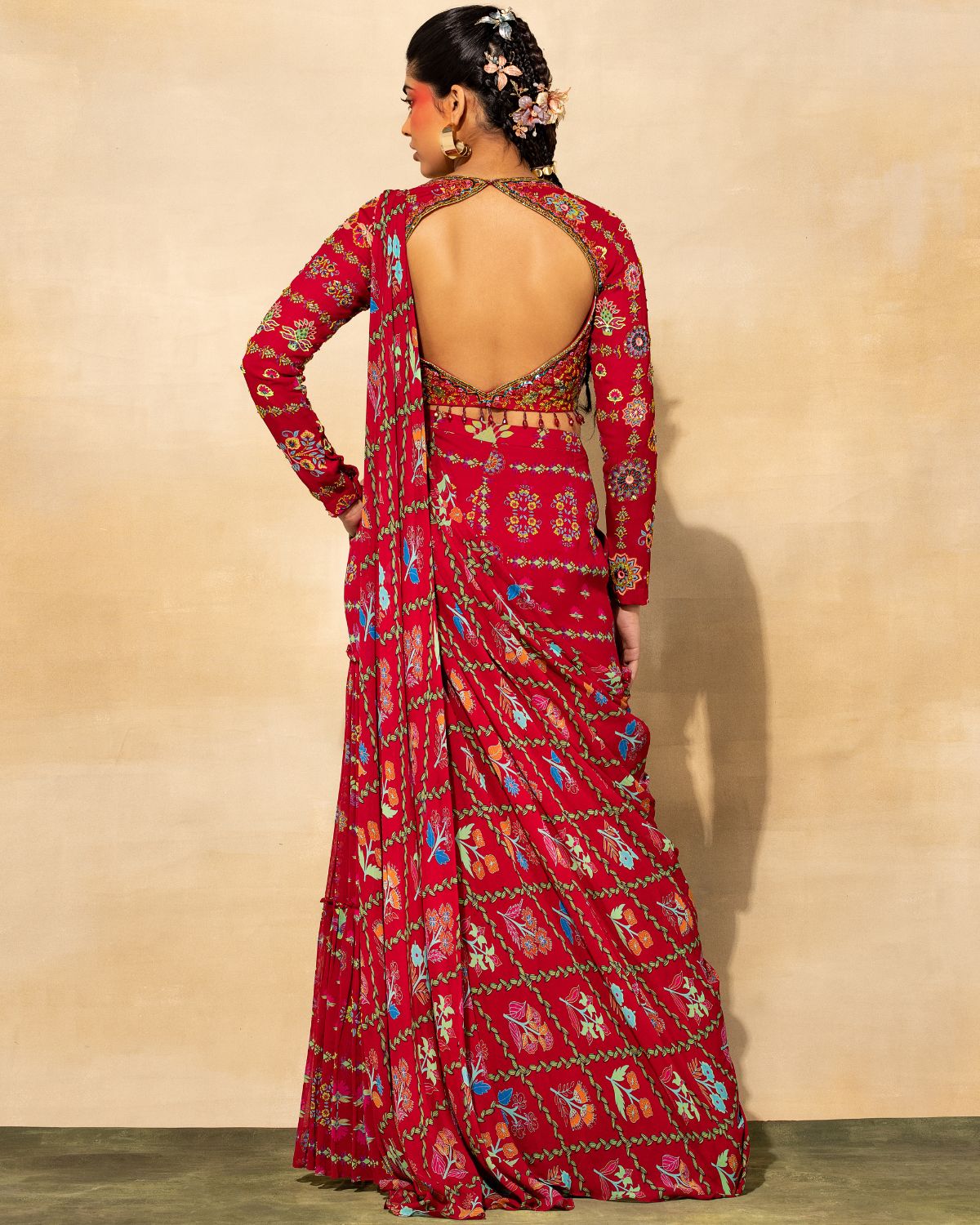 Crimson Georgette Printed Gharara Sari Set