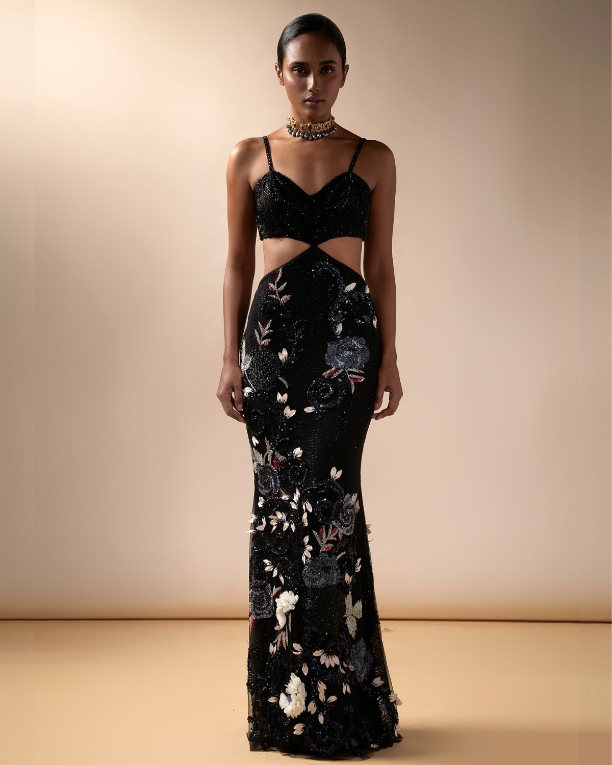 Black Tulle Floral Embroidered Cut-Out Gown