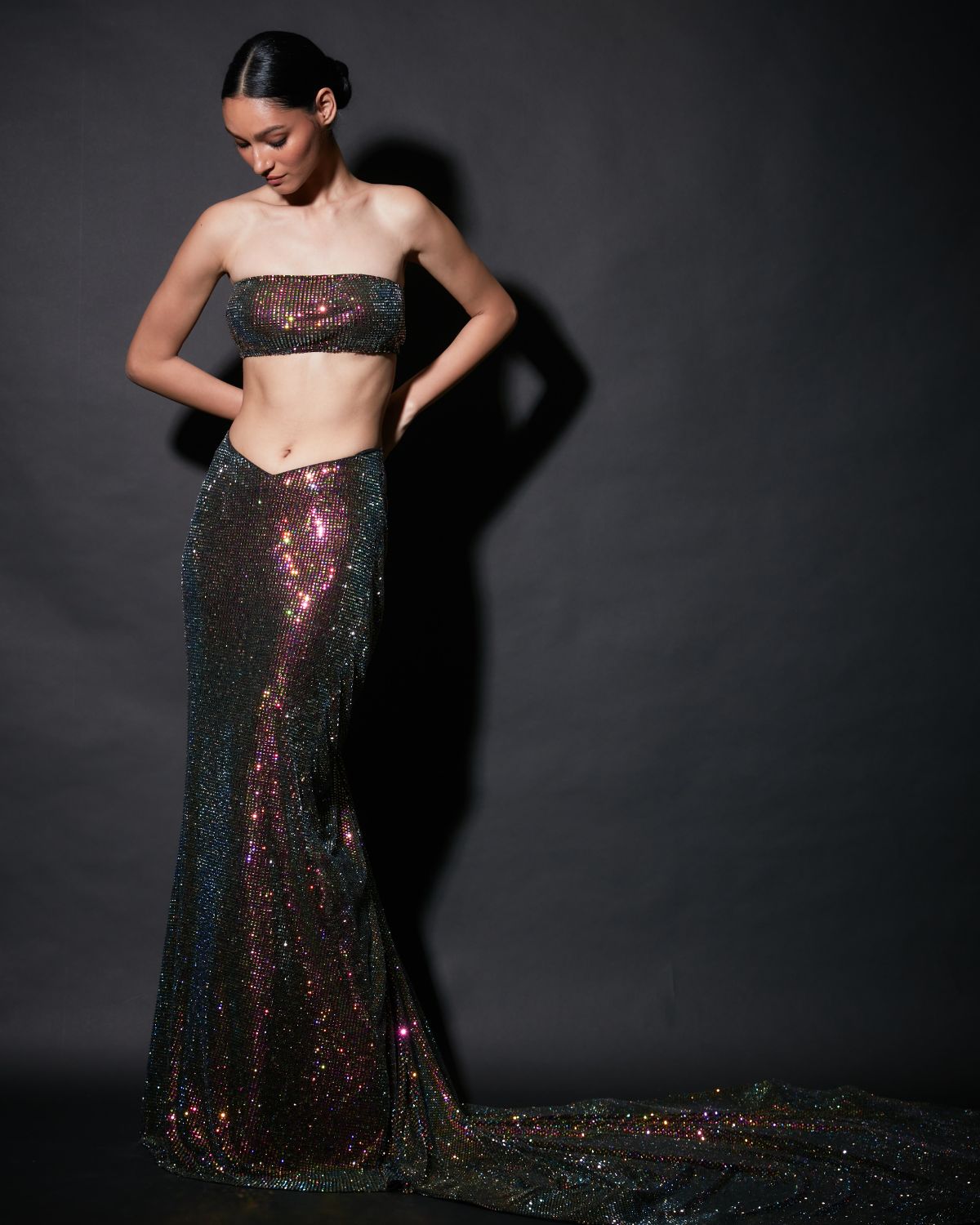 Black Crystal Embellished Cape And Skirt Set | ITRH