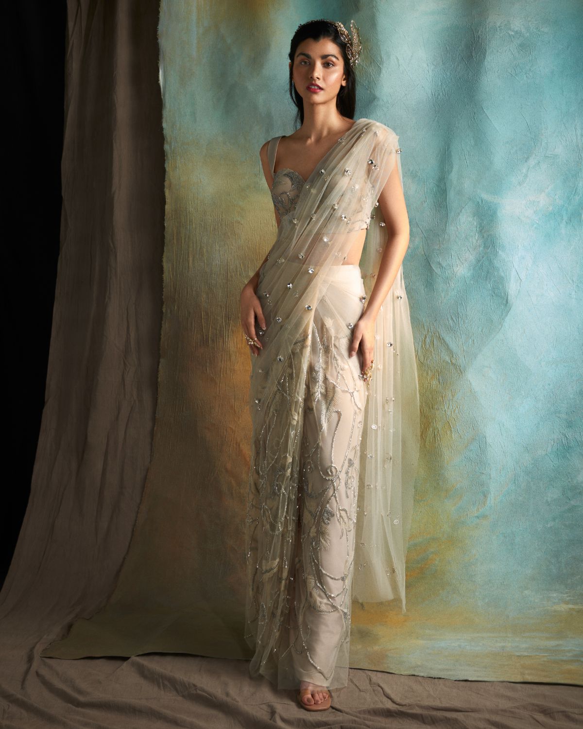 Champagne Tulle Embroidered Sari Set by Esha Sethi Thirani