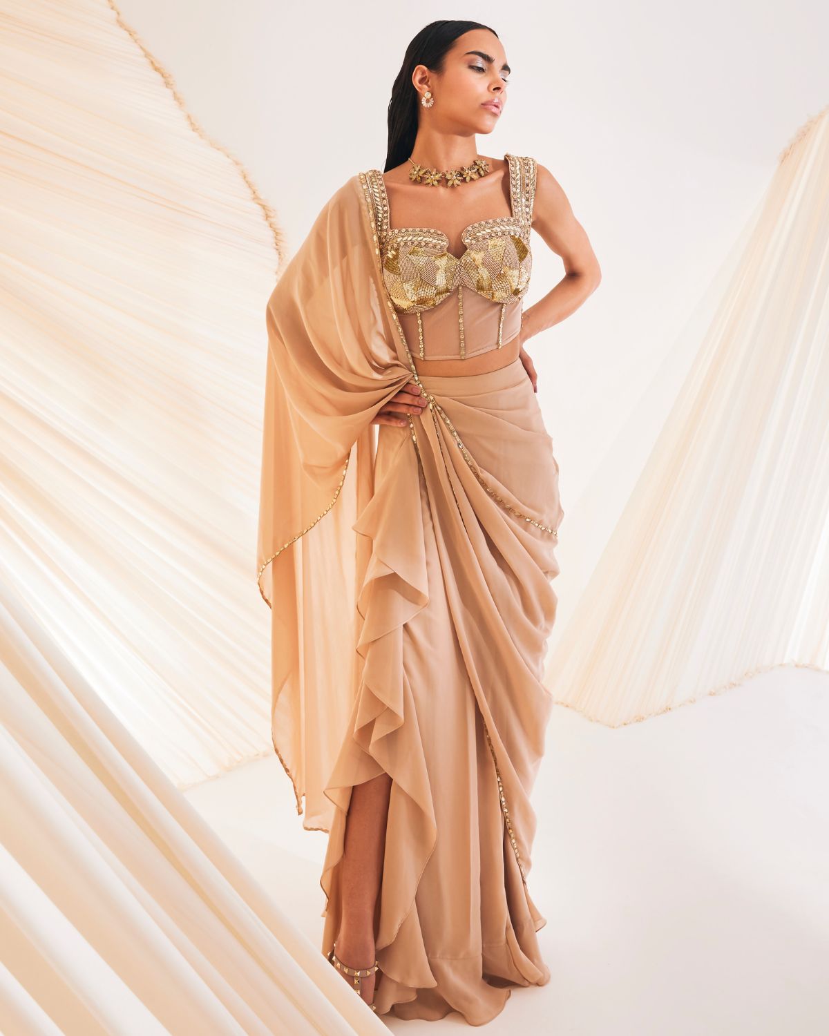 Beige Hertha Pre-Draped Sari Set