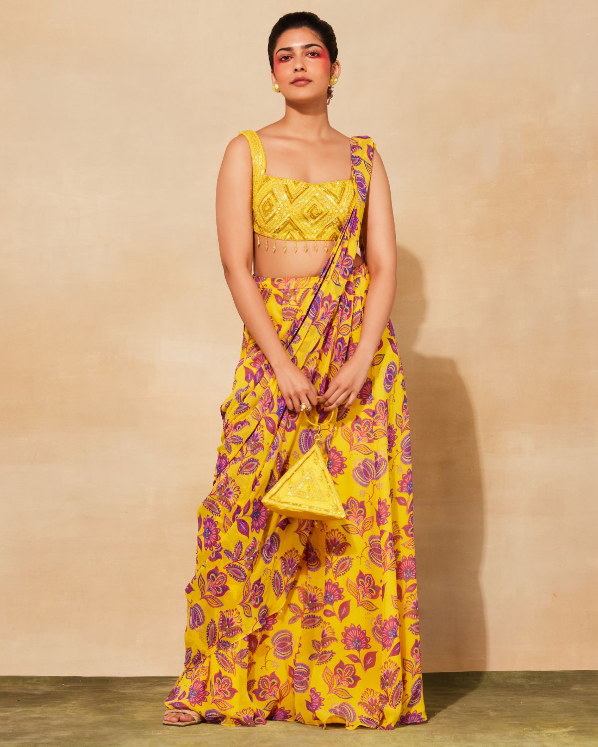 Yellow Georgette Printed Sharara Sari Set