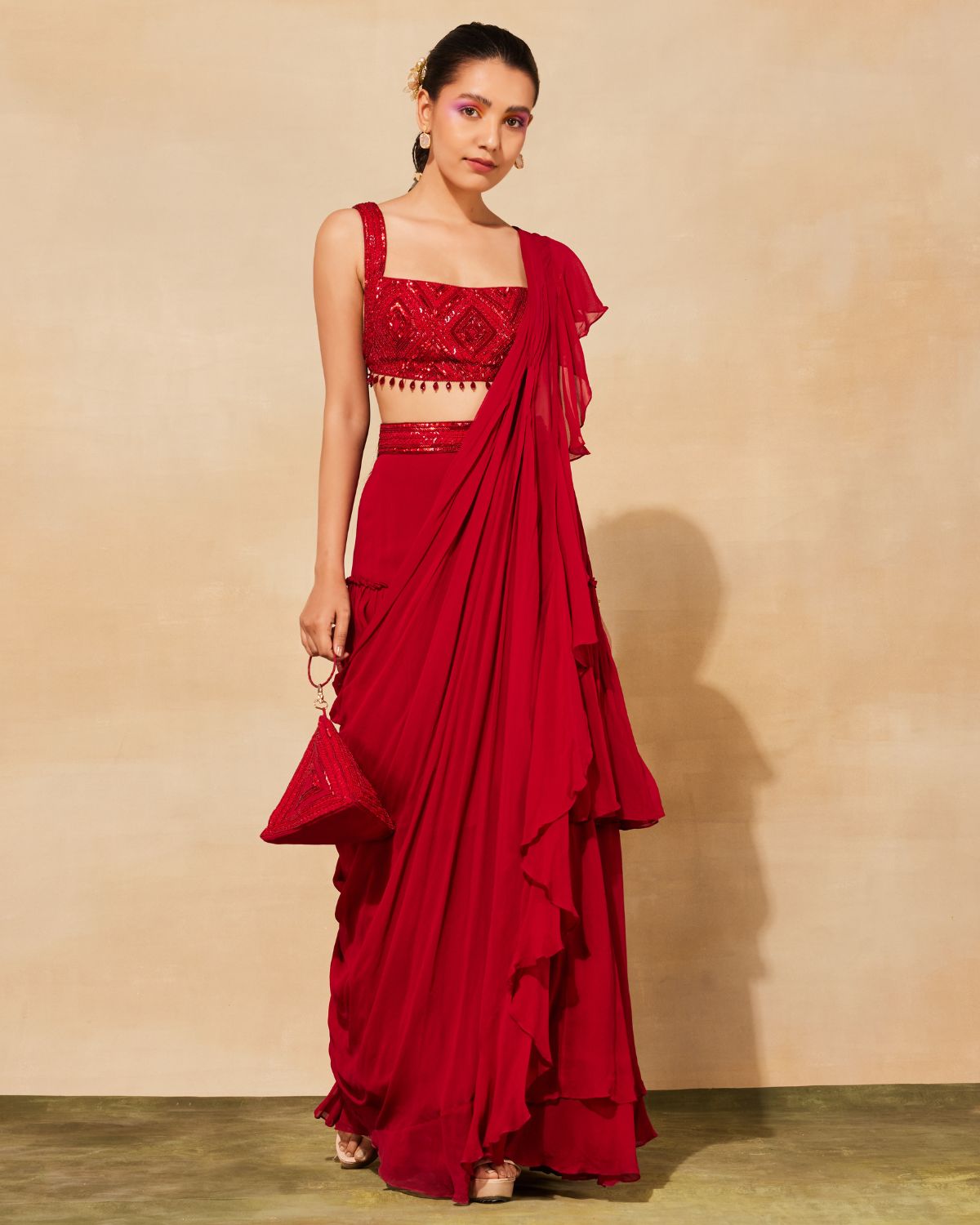 Crimson Ruffled Sari Set