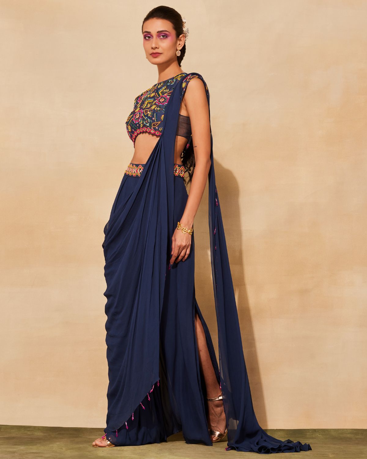 Dark Blue Pleated Pant Sari Set