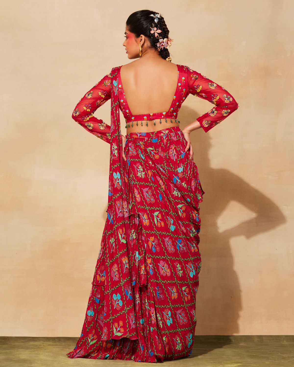 Crimson Printed Layered Sari Set