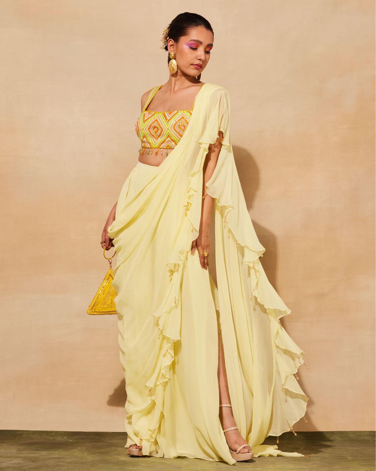 Pastel Yellow Georgette Ruffled Pant Sari Set