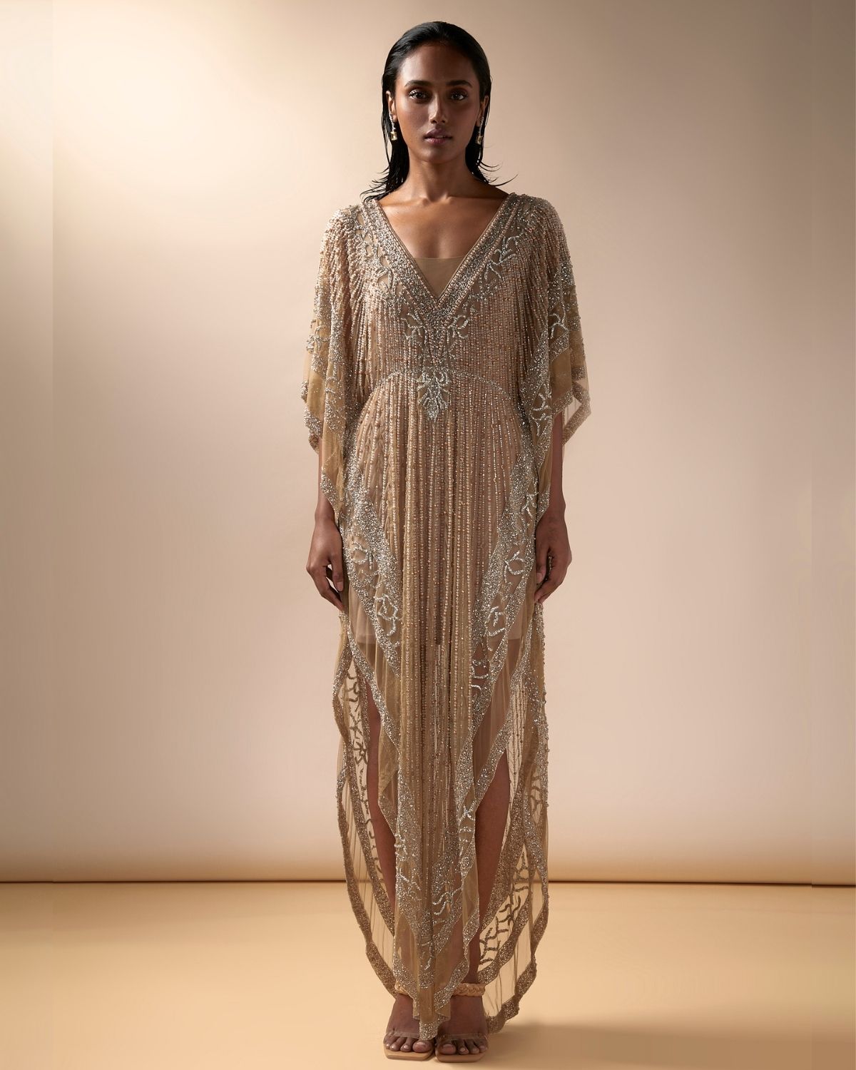 Nude Tulle Embellished Kaftan