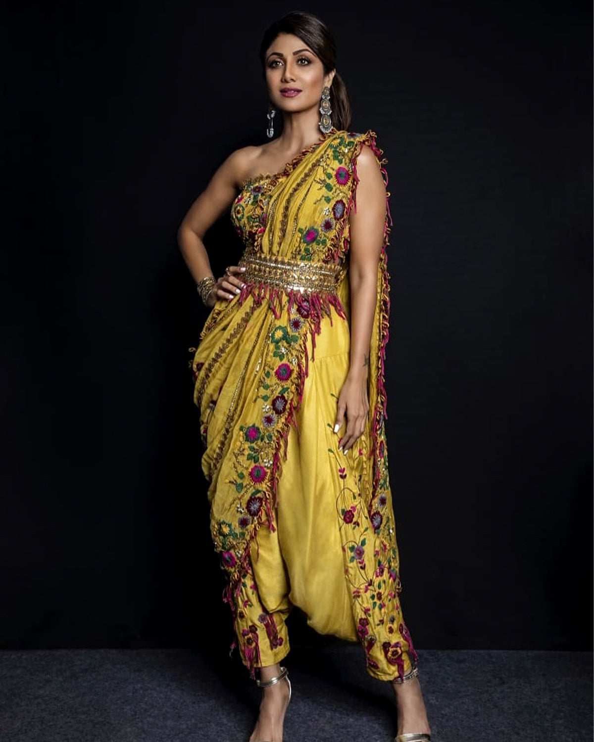 Shilpa Shetty Mustard Yellow One Shoulder Dhoti Sari by Sonam Luthria