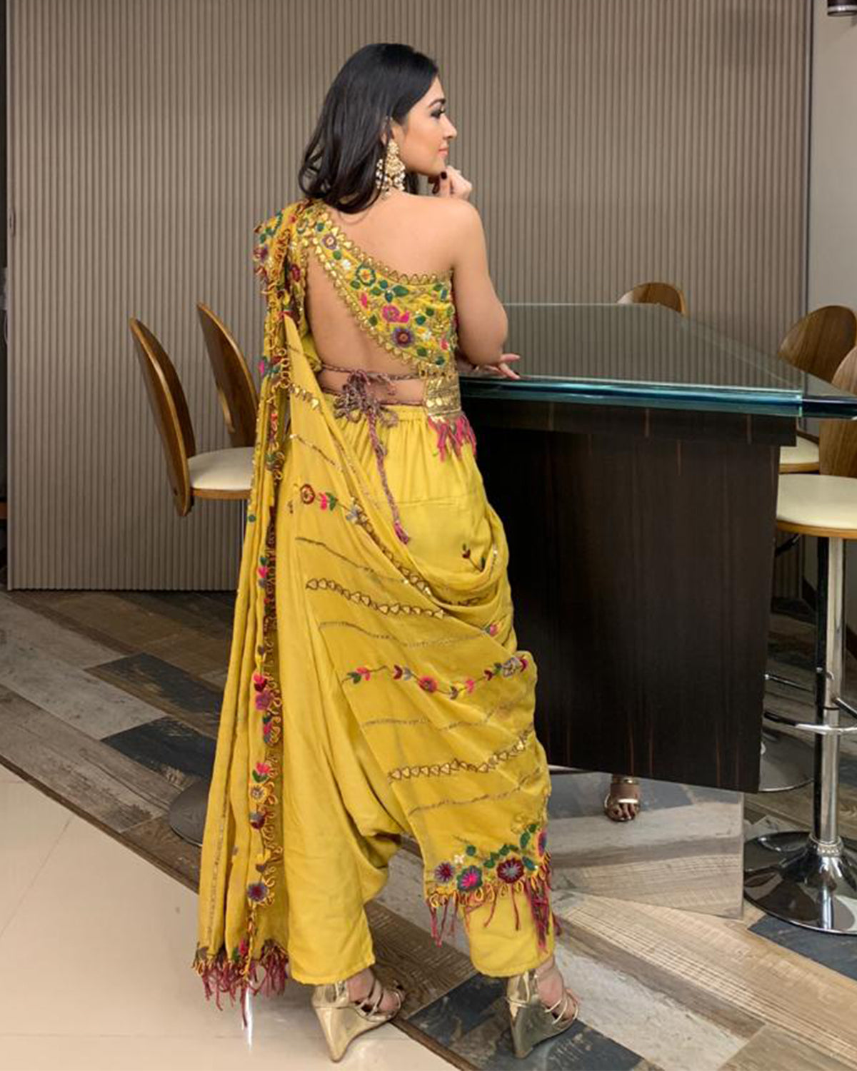 Shilpa Shetty Mustard Yellow One Shoulder Dhoti Sari