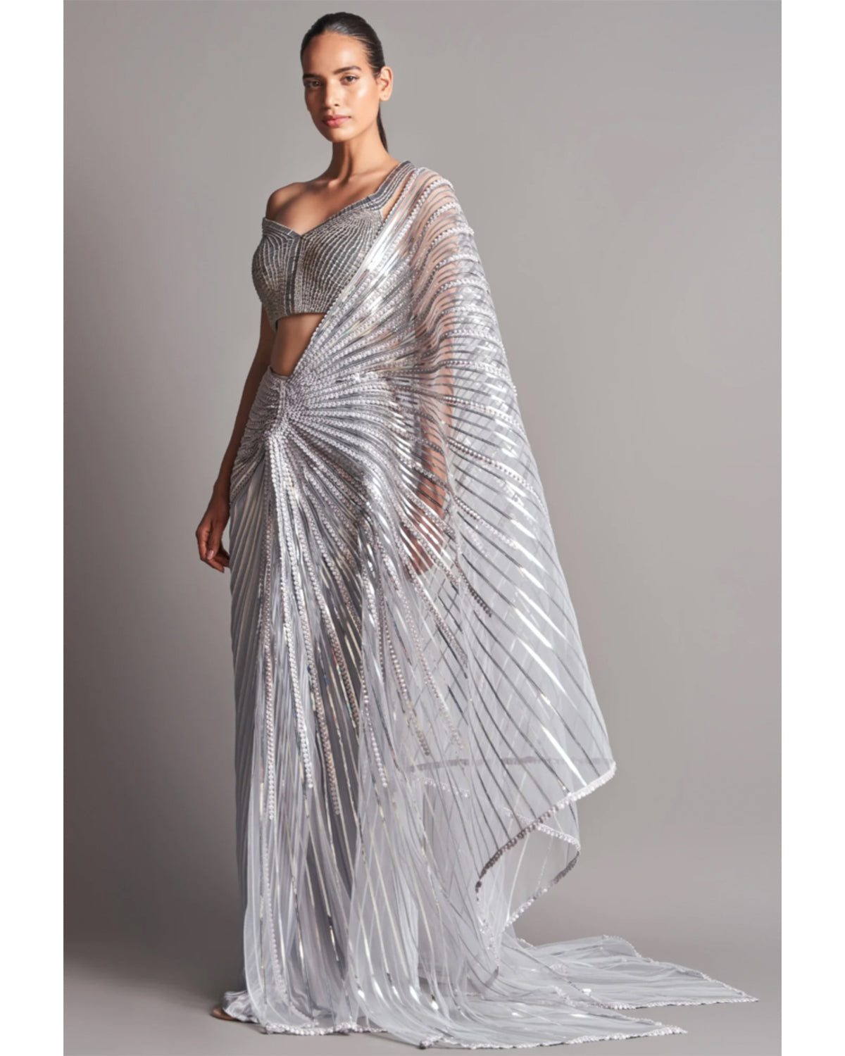 Silver Metallic Winged Sari | Amit Aggarwal