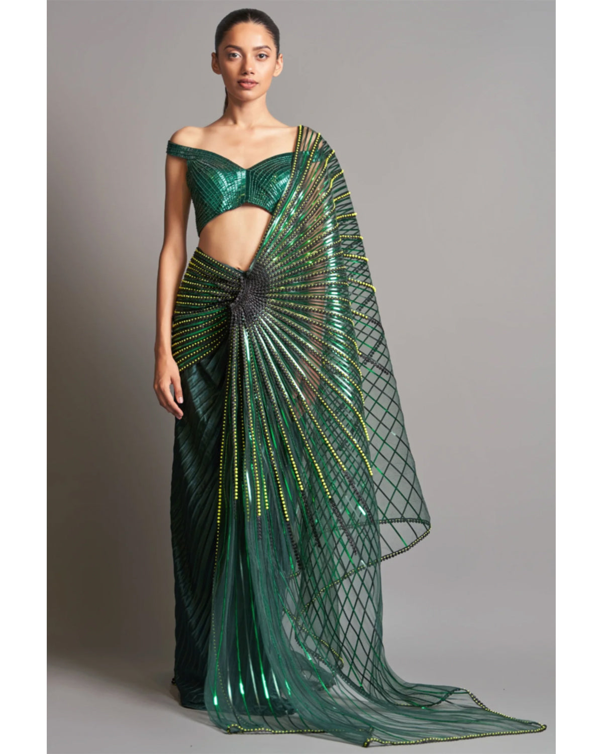 Emerald Metallic Winged Sari by Amit Aggarwal
