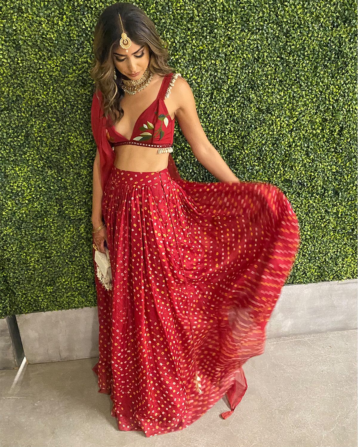 Red Bandhani Bustier Lehenga by The Little Black Bow