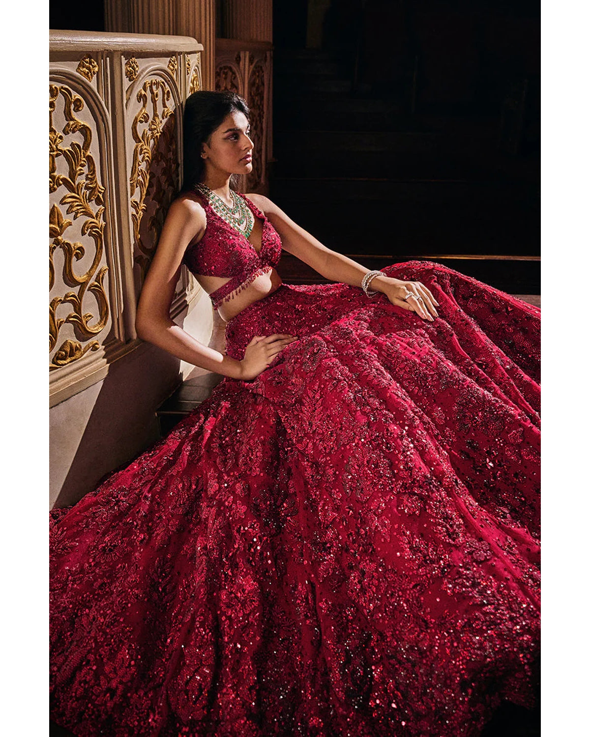 Elegant Design Red Green Georgette Lehenga Set w/ Medium Size Choli #53417  | Buy Lehenga Choli Online