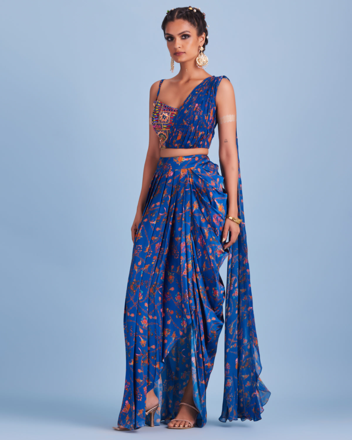 Blue Bale Printed Asymmetrical Skirt Set