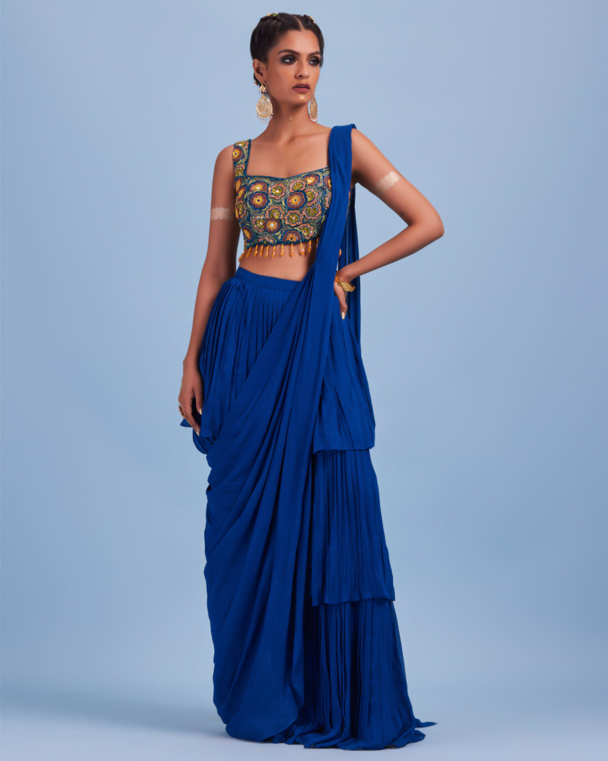Blue Cutdana Floral Embroidered Sari Set